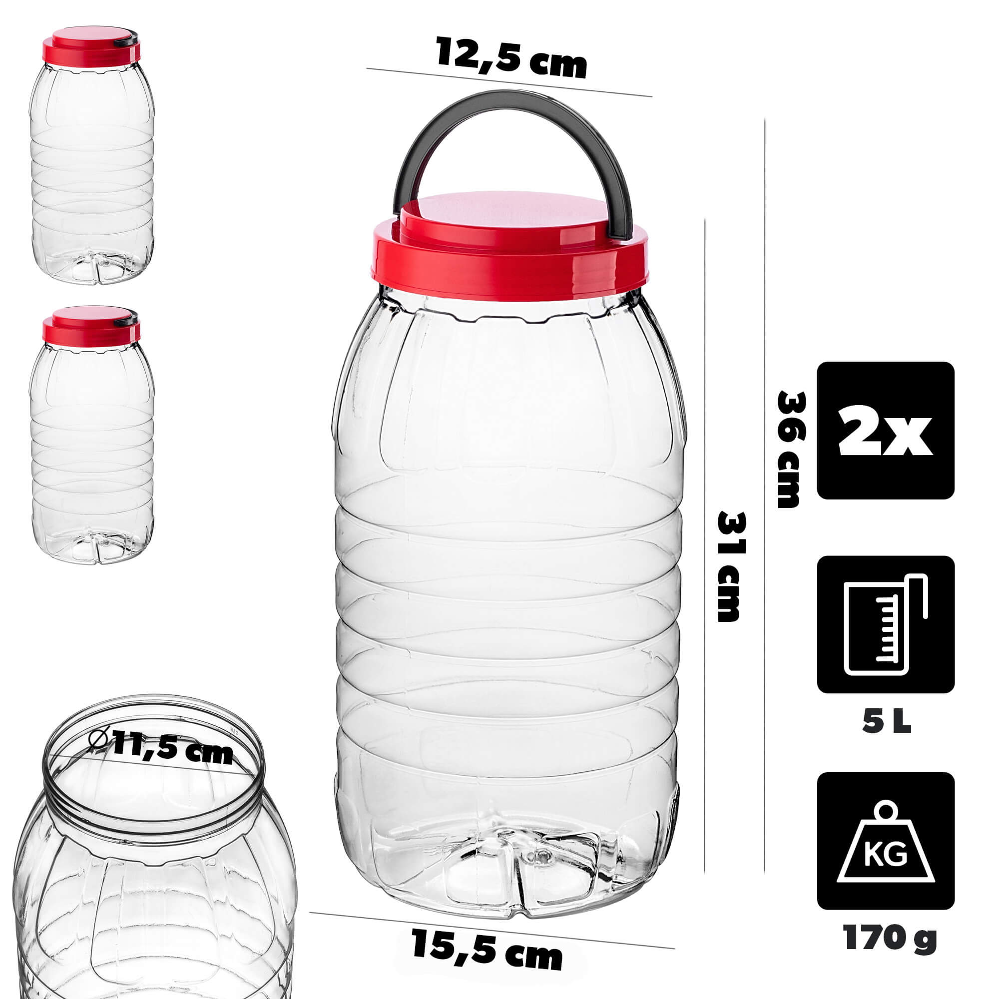 Słoik PET z zakrętką i uchwytem Riccia uniwersalny 5L 2 szt.