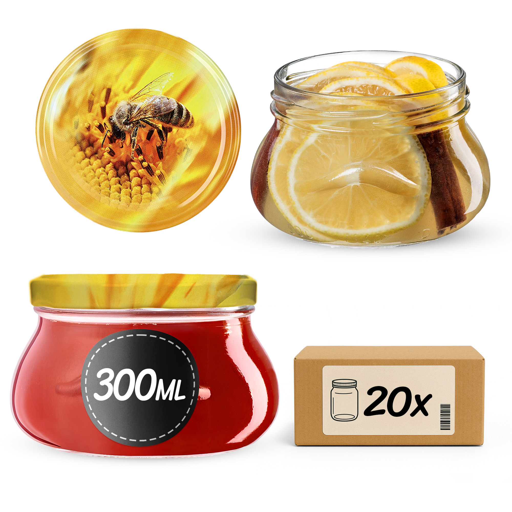 Słoiki na przetwory Raja 300ml 20szt 82mm + wieczka "Pszczoła"