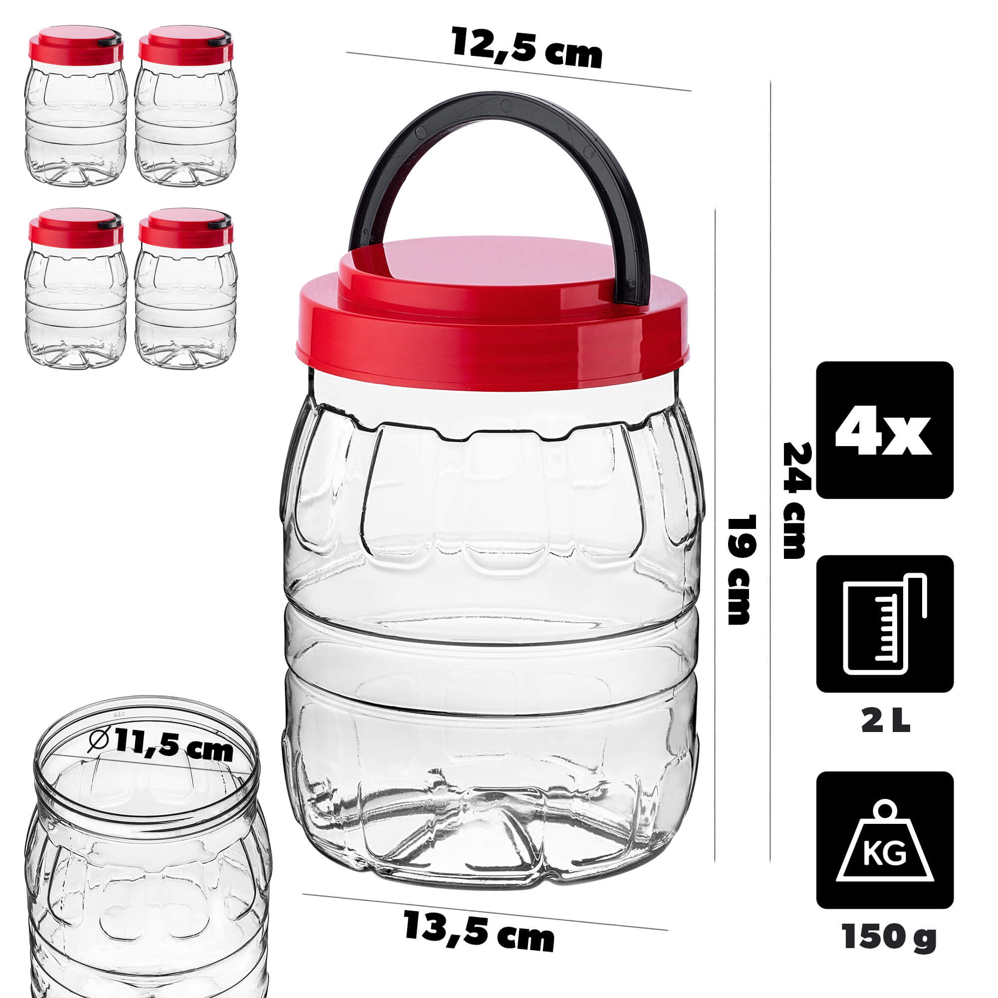 Słoik PET z zakrętką i uchwytem Riccia uniwersalny 2L 4 szt.