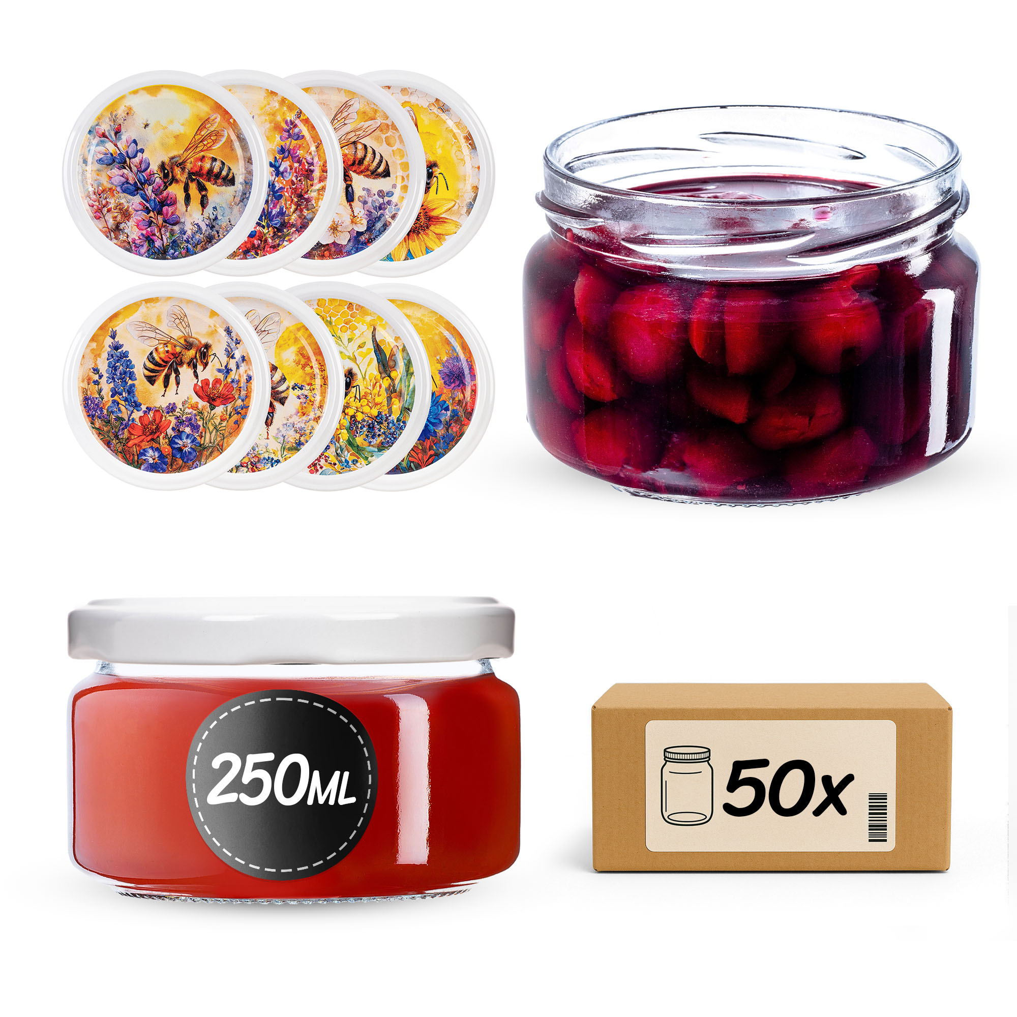 Słoiki na przetwory Denia 250ml 50szt 82mm + wieczko "Bee of the field"