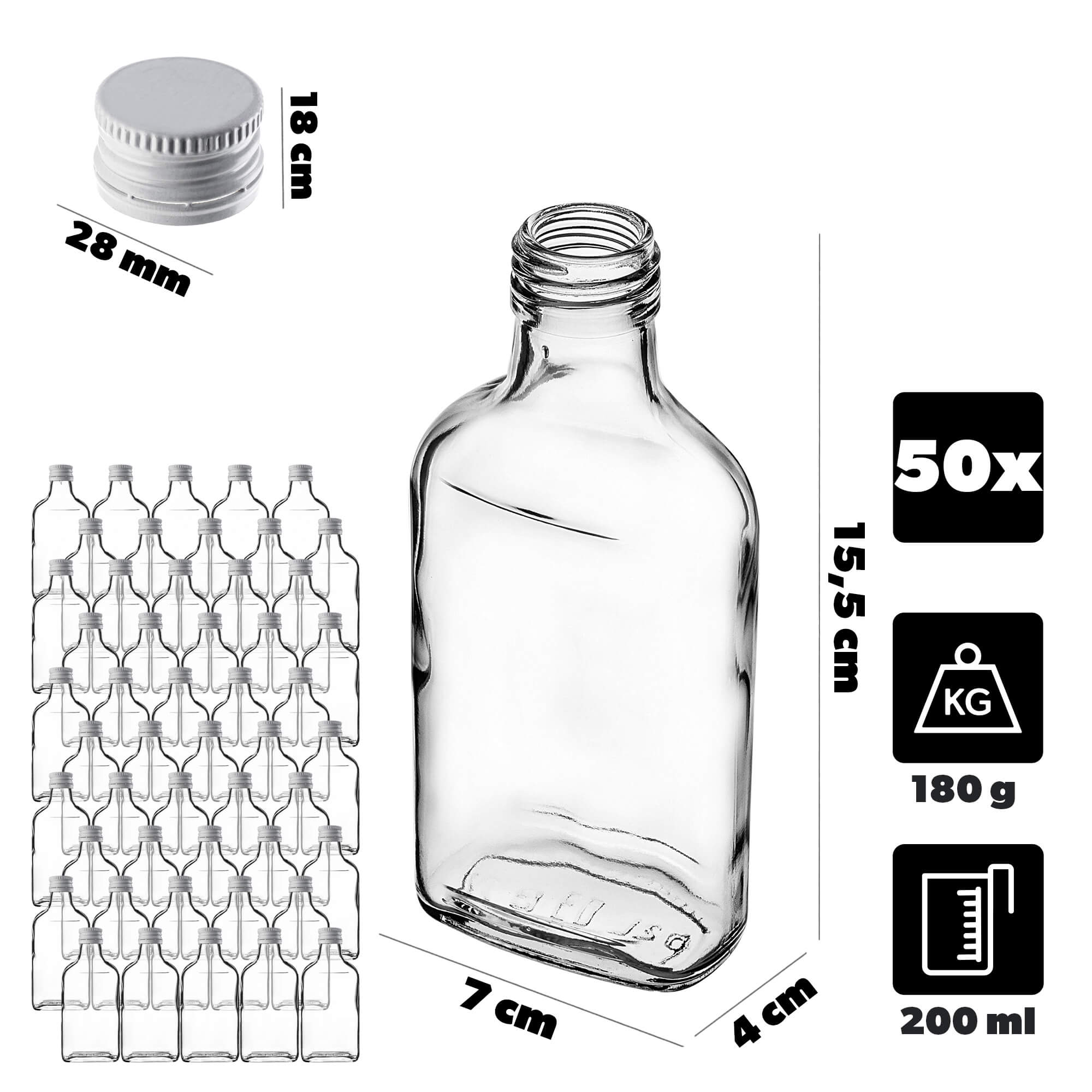 Butelka piersiówka Viane 200ml z białą zakrętką 50 szt.