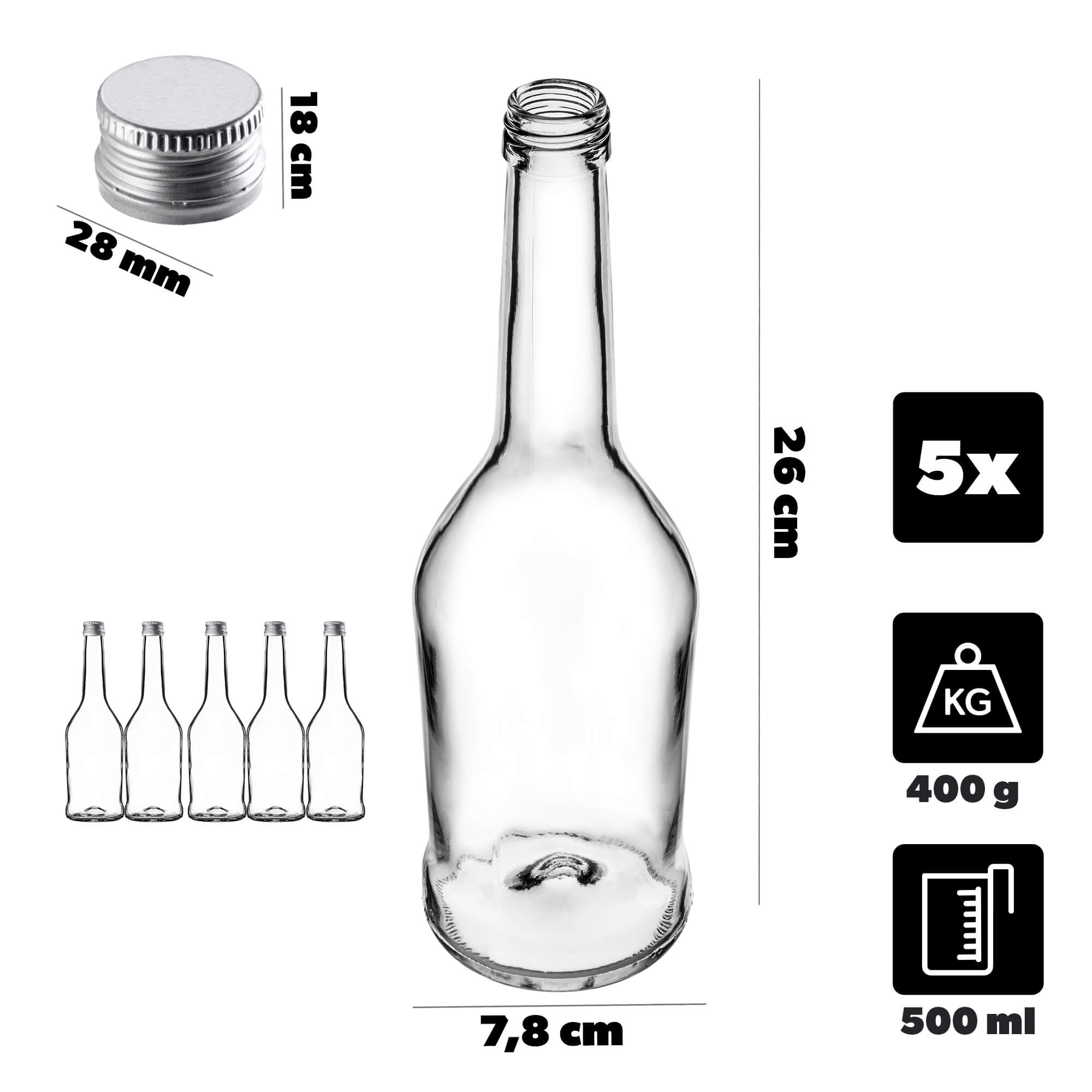 Szklana butelka na nalewkę Loiret 500ml z srebrną zakrętką 5 szt.