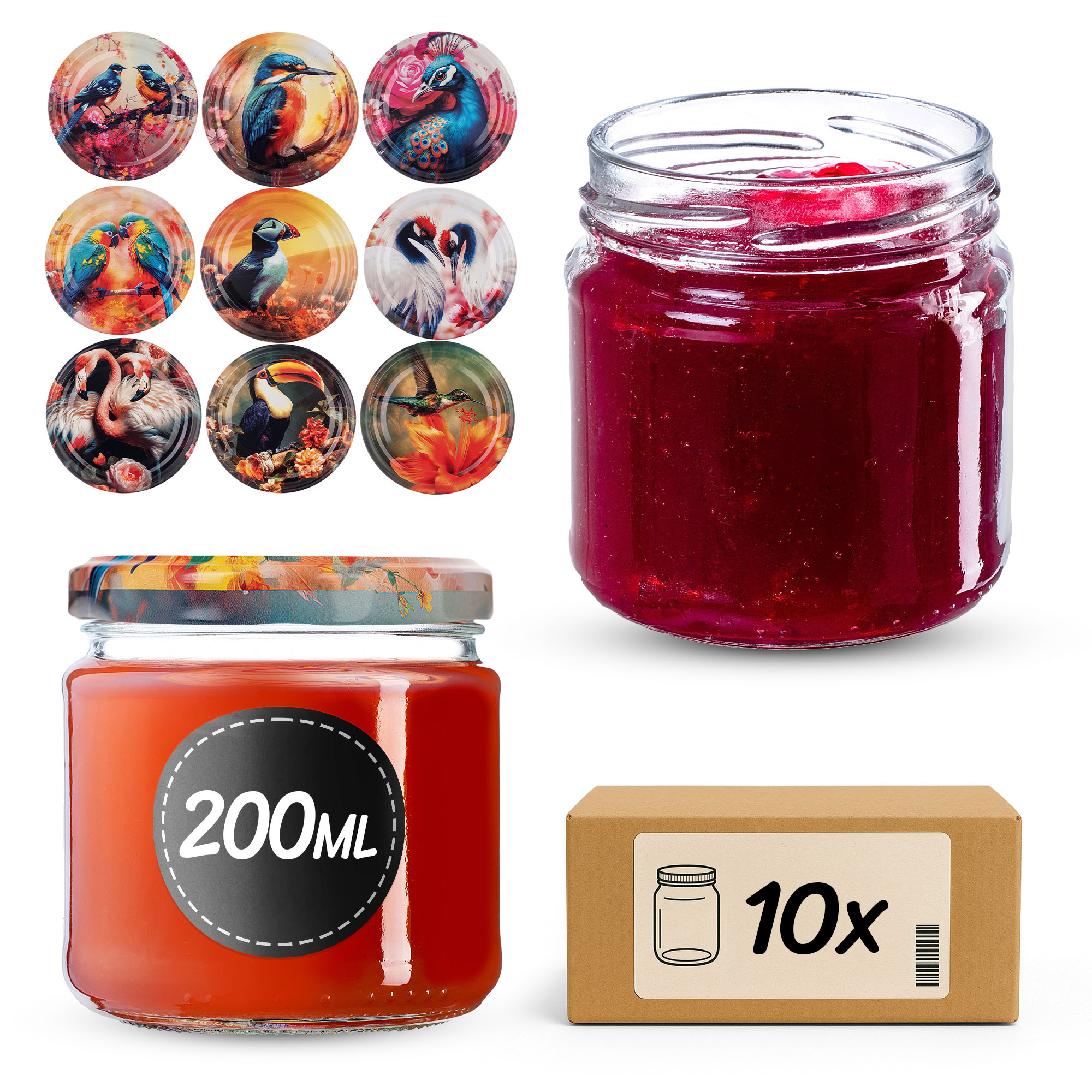 Słoiki na przetwory Lerma 200ml 10szt 66mm + wieczka "Ptaki"
