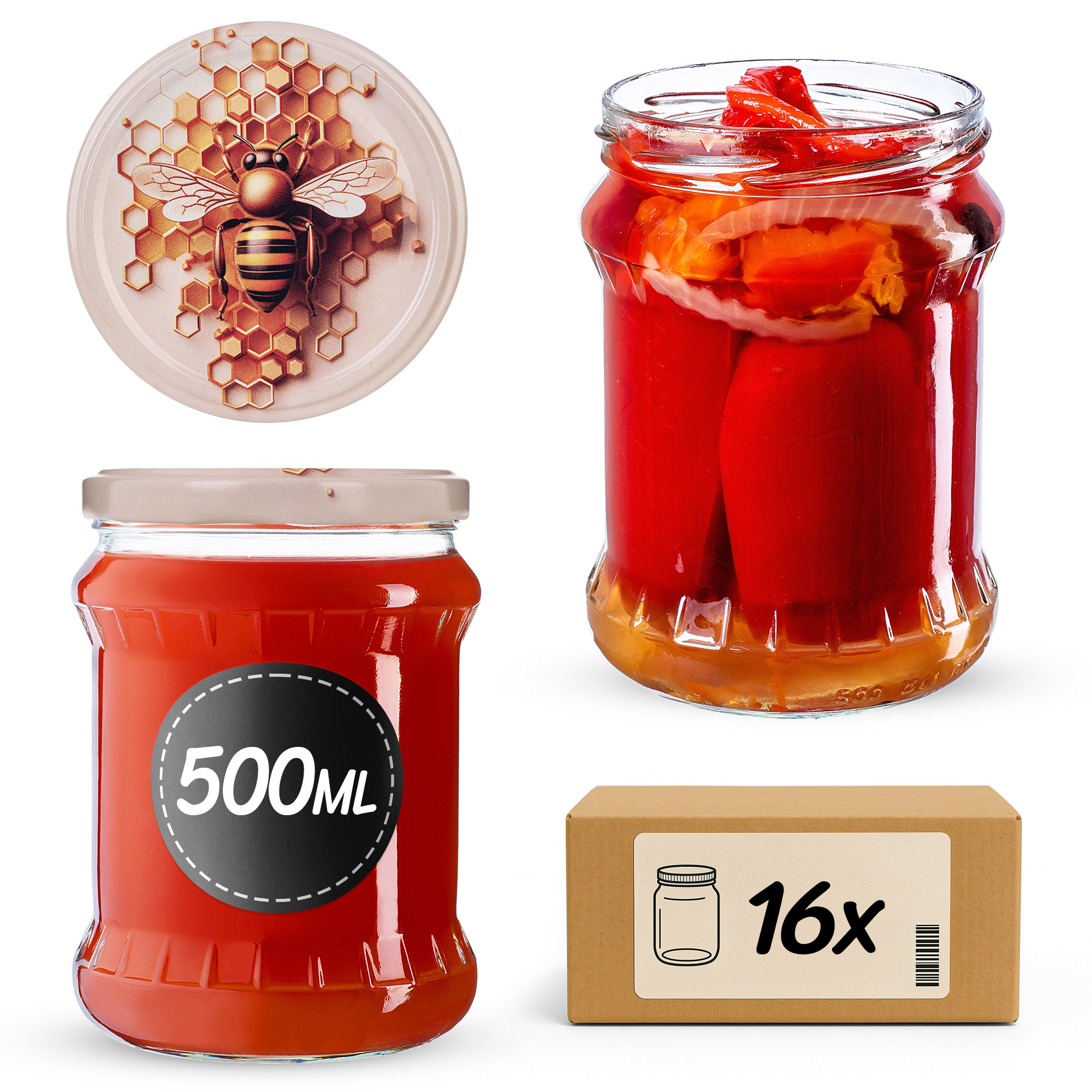 Słoiki na przetwory Kisko 500ml fi82mm 16szt + wieczko Pszczoła