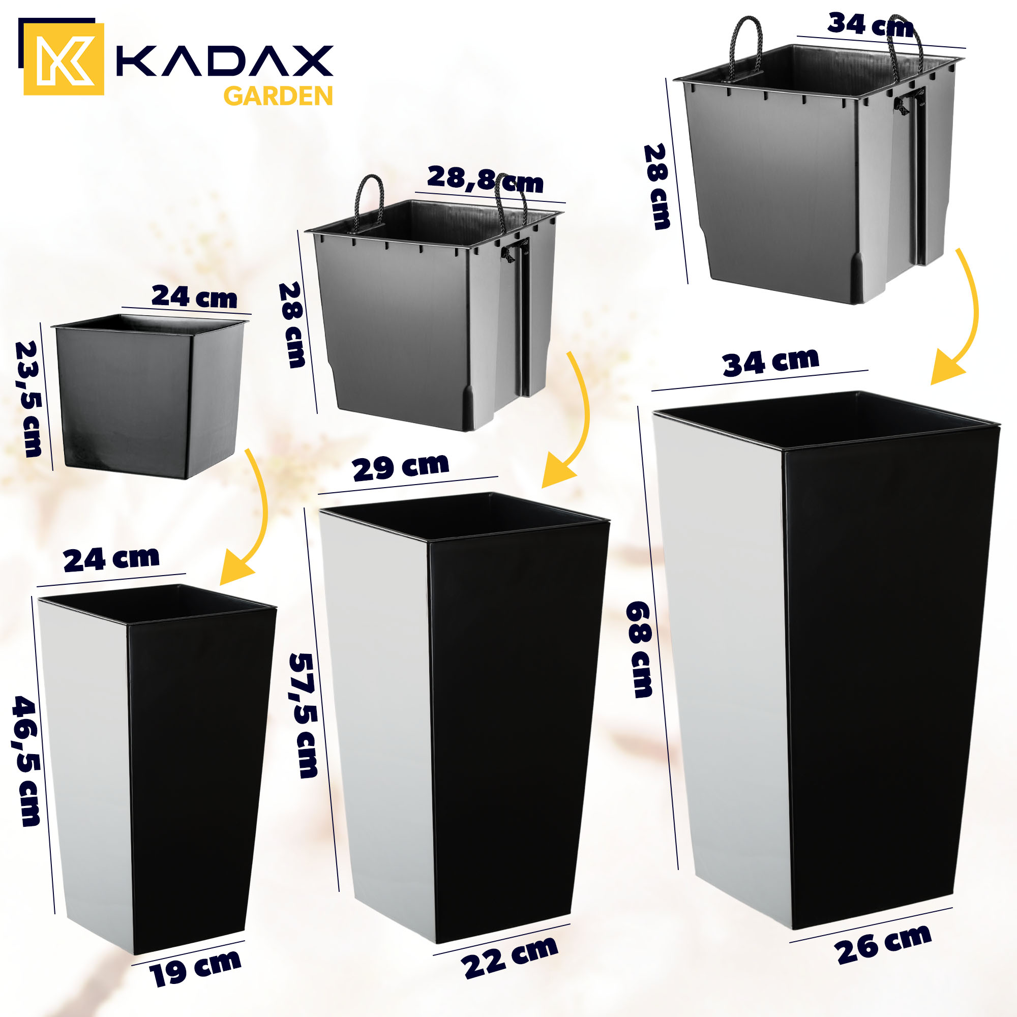 Donice na kwiaty z wkładem Masiera 25 cm + 30 cm + 35 cm, czarne