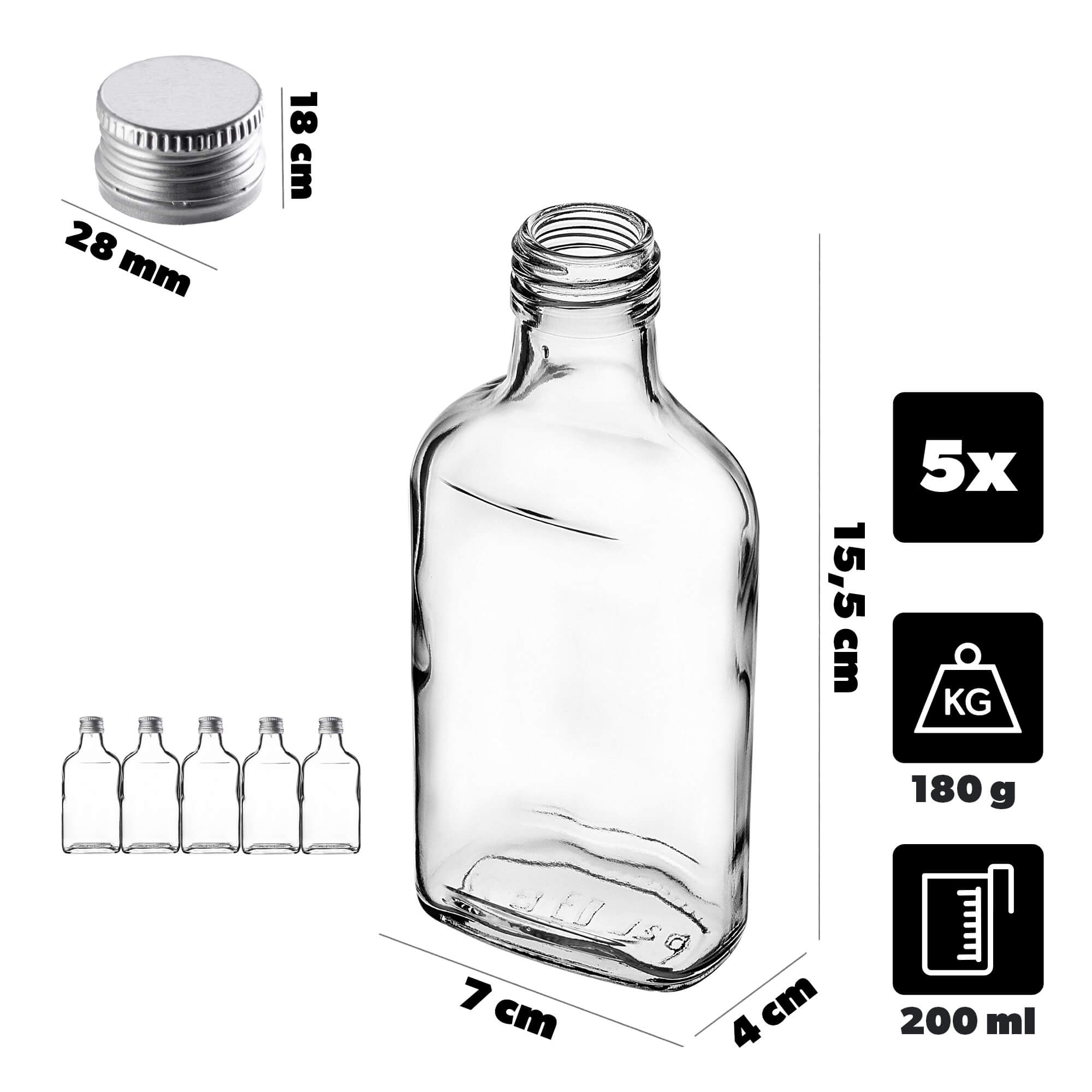Butelka piersiówka Viane 200ml z srebrną zakrętką 5 szt.