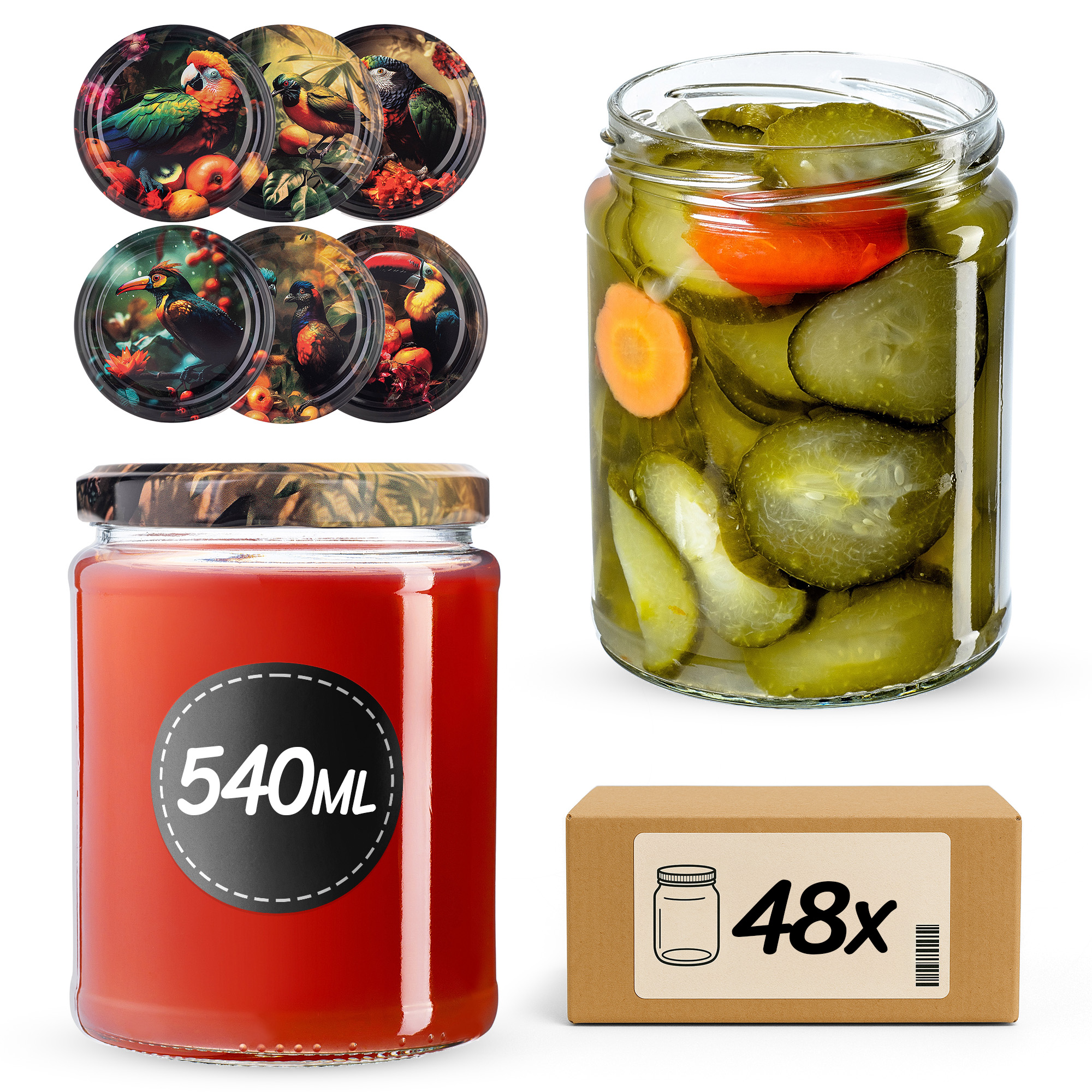 Słoiki na przetwory Maki 540ml fi82mm 48szt + wieczko Ptaki