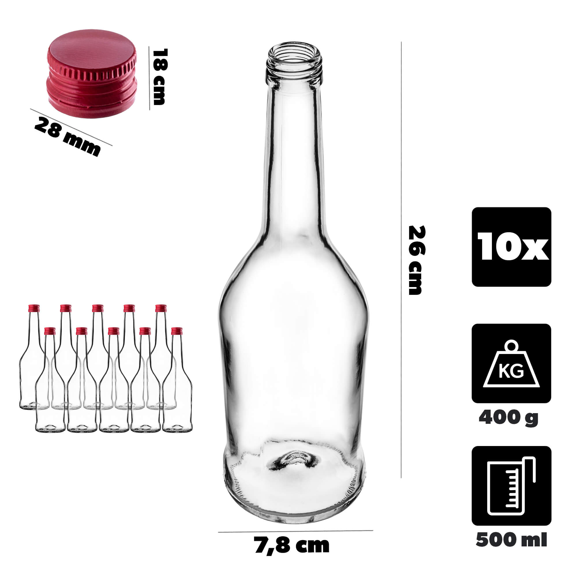 Szklana butelka na nalewkę Loiret 500ml z czerwoną zakrętką 10 szt.