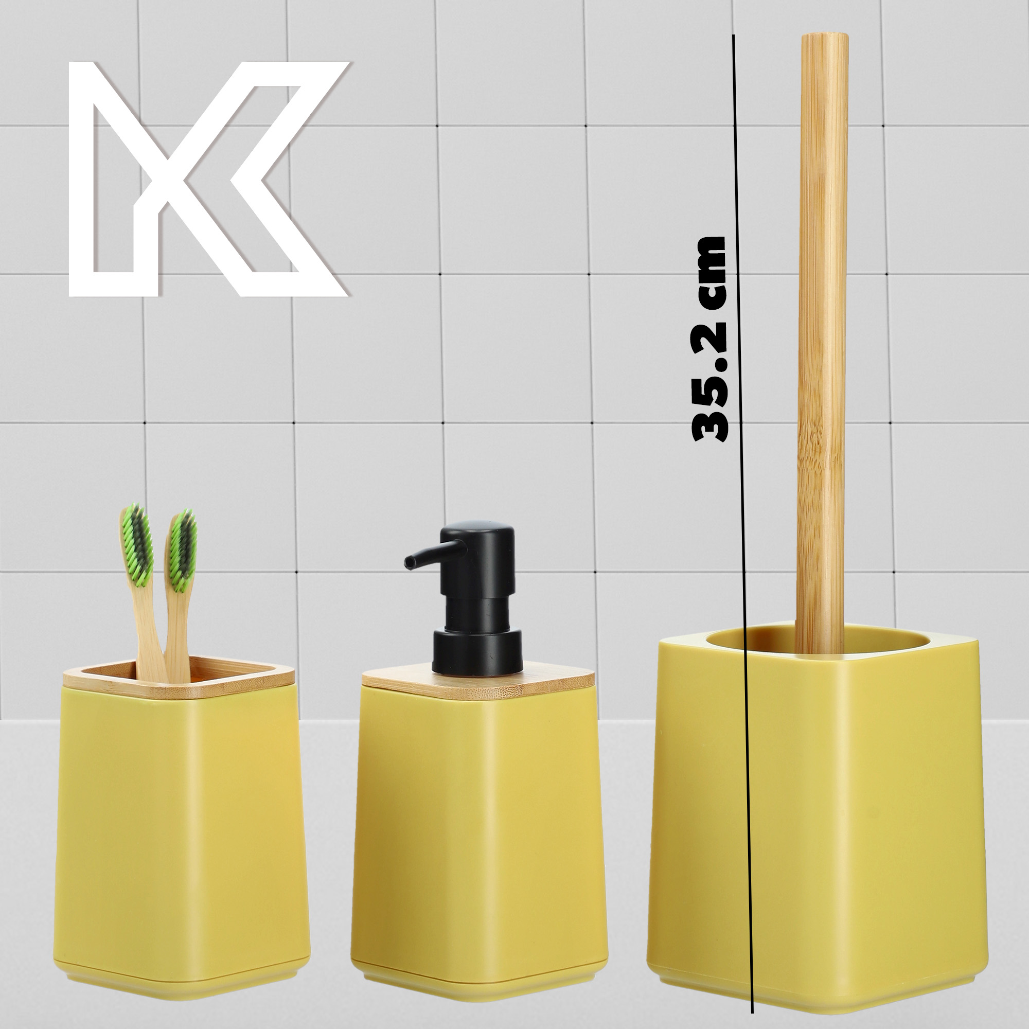Zestaw Carrara Dozownik na mydło + Kubek łazienkowy + Szczotka WC, żółty