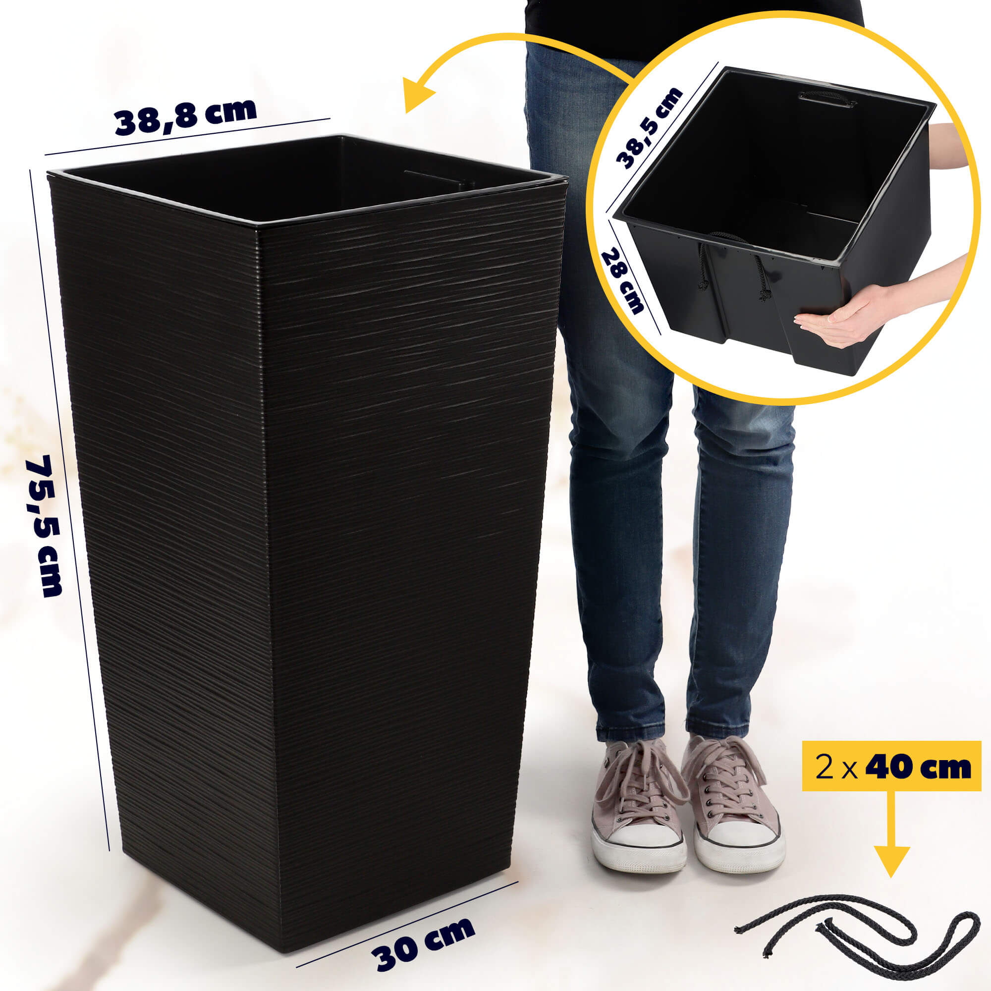 Donica na kwiaty z wkładem Tuluza dłuto 40 cm, czarna