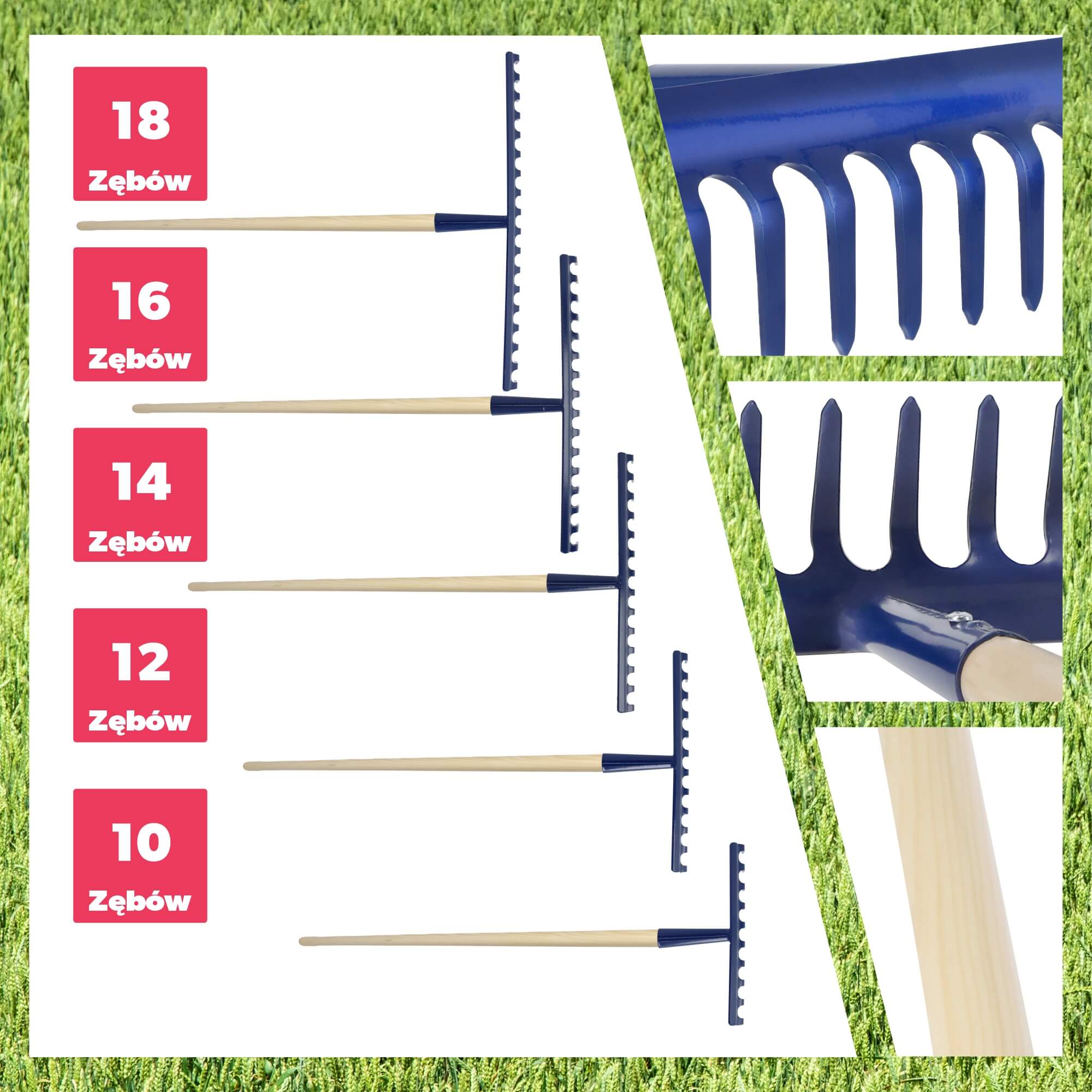 Grabie metalowe Vinci 48 x 155 cm, niebieskie 16-zębne