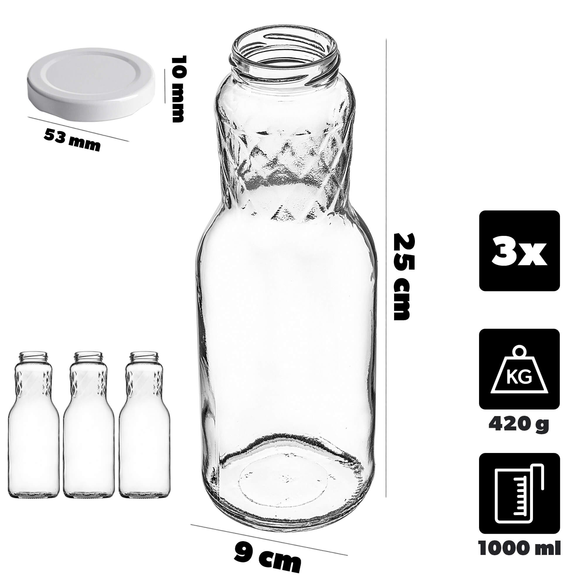 Szklana butelka na mleko Corlo 1L z białą zakrętką fi 53mm 3 szt.