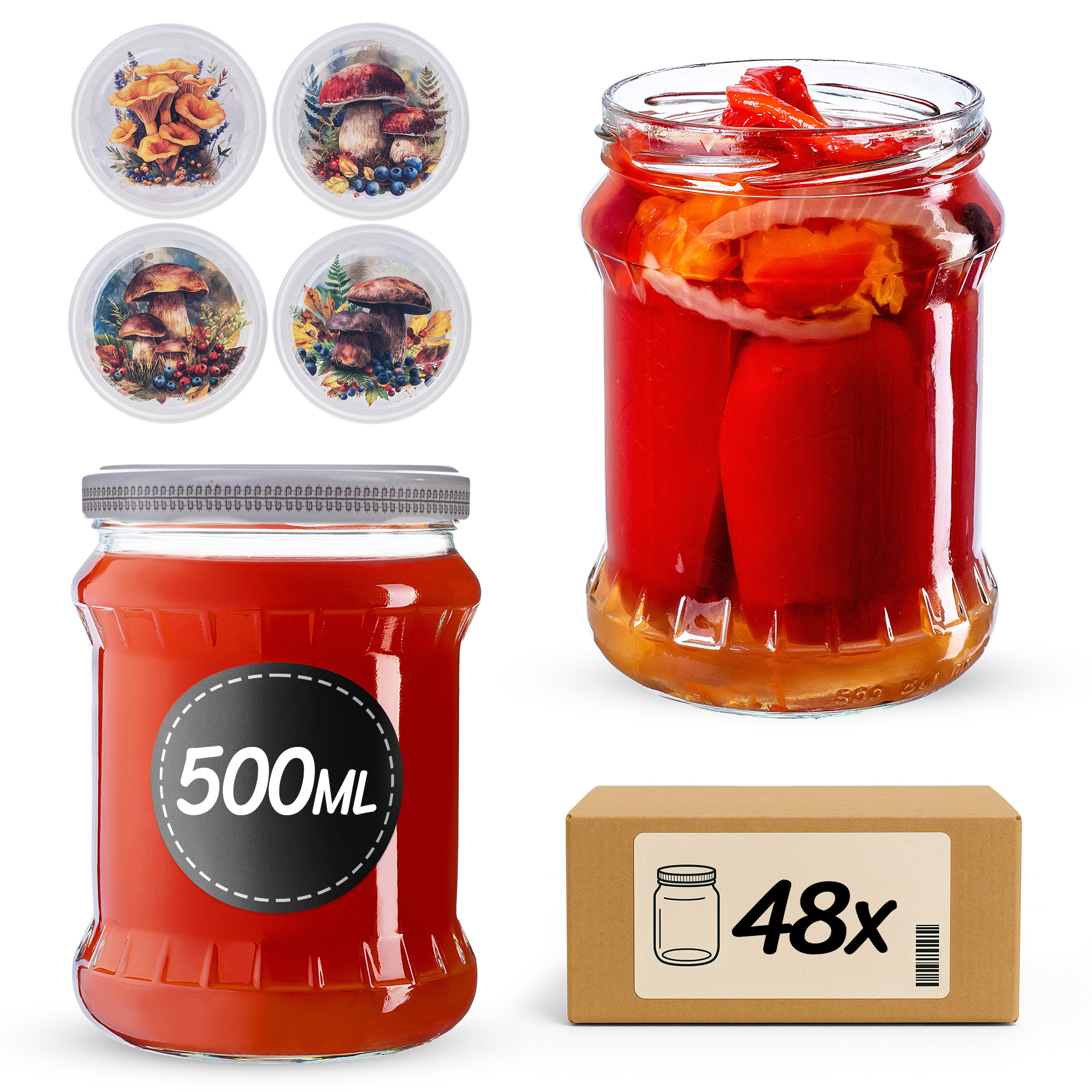 Słoiki na przetwory Kisko 500ml fi82mm 48szt + wieczko Grzyb akwarela