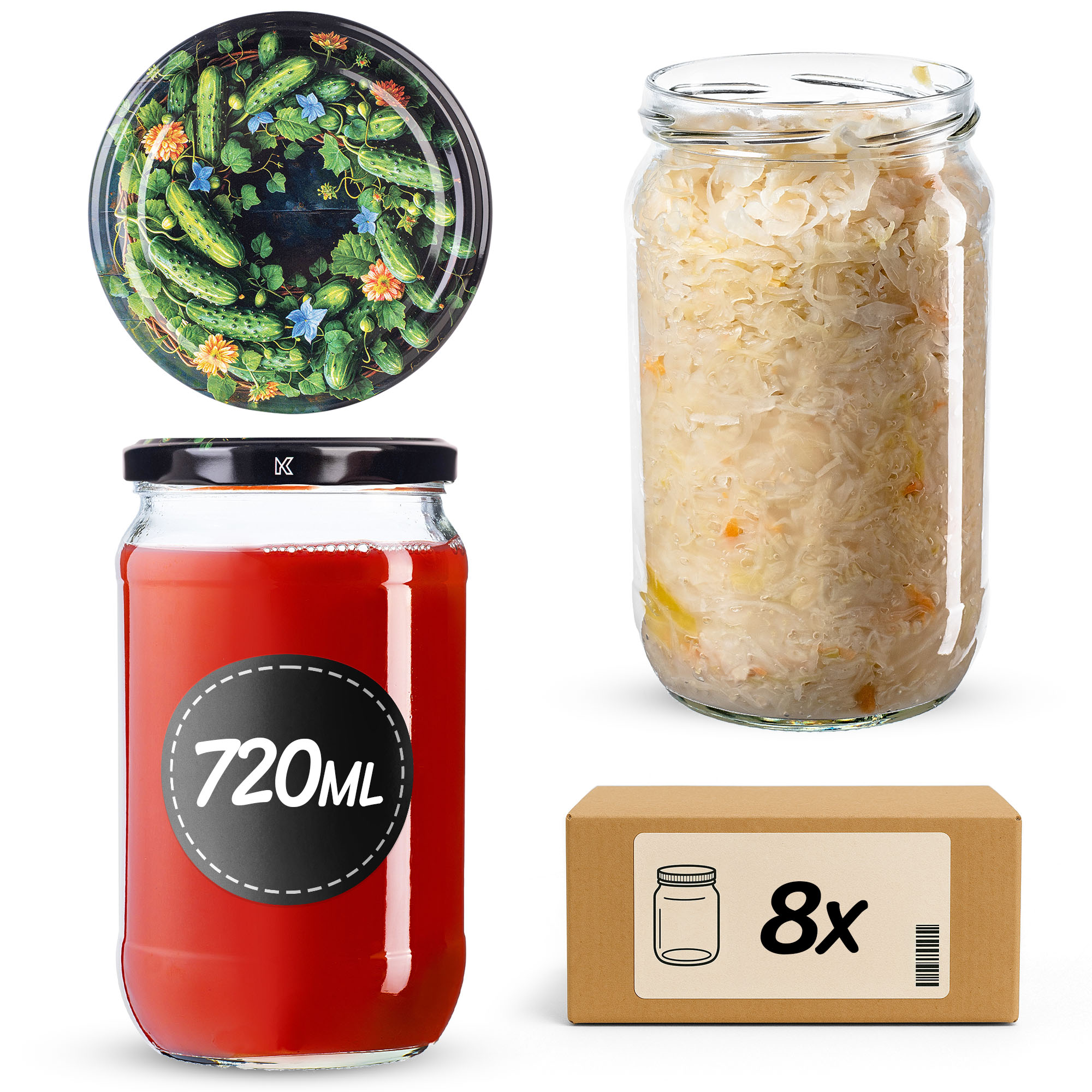 Słoiki na przetwory Niva 720ml fi82mm 8szt + wieczko Ogórki czarne