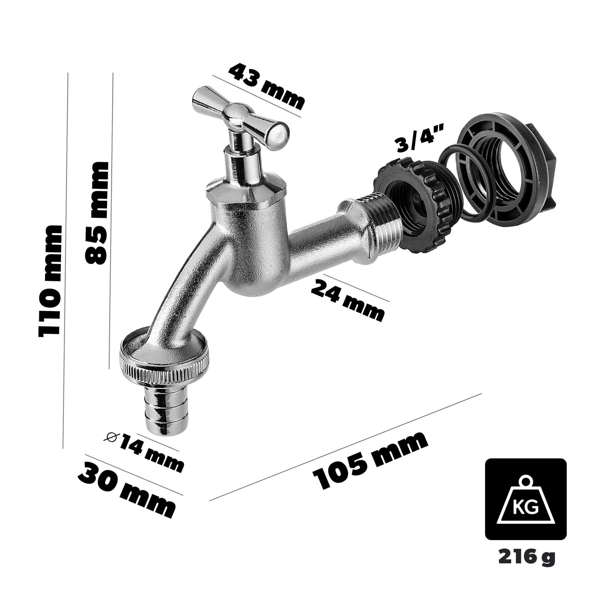 Kran 1/2 cal do zbiornika na deszczówkę z adapterem 3/4 cal srebrny
