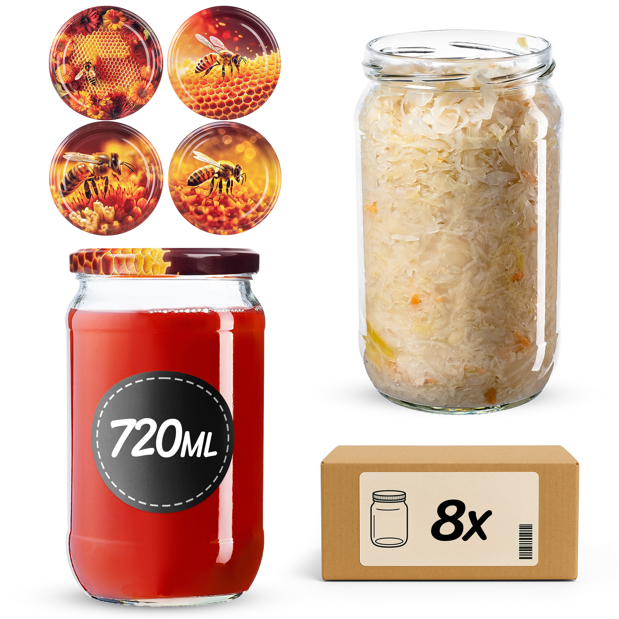 Słoiki na przetwory Niva 720ml fi82mm 8szt + wieczko Zestaw miodowy