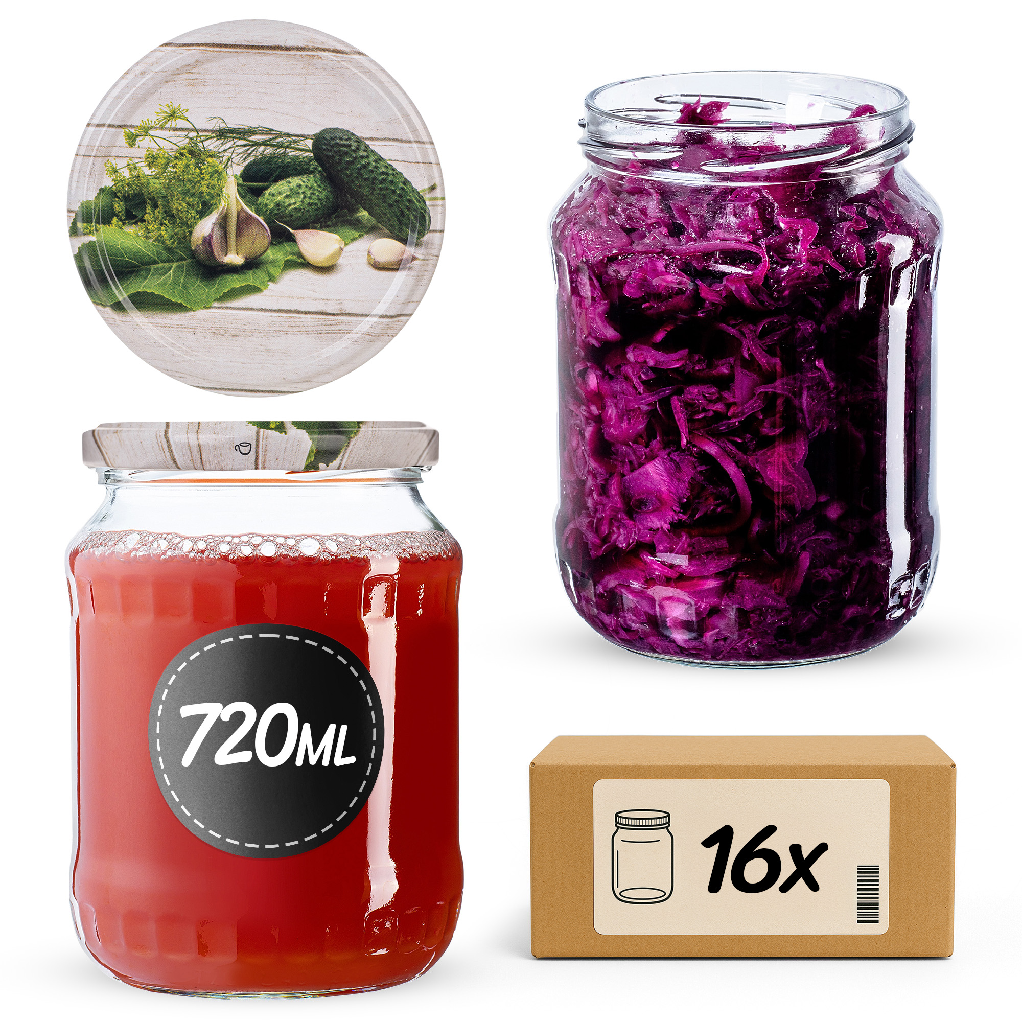 Słoiki na przetwory Jukka 720ml fi82mm 16szt + wieczko Ogórek
