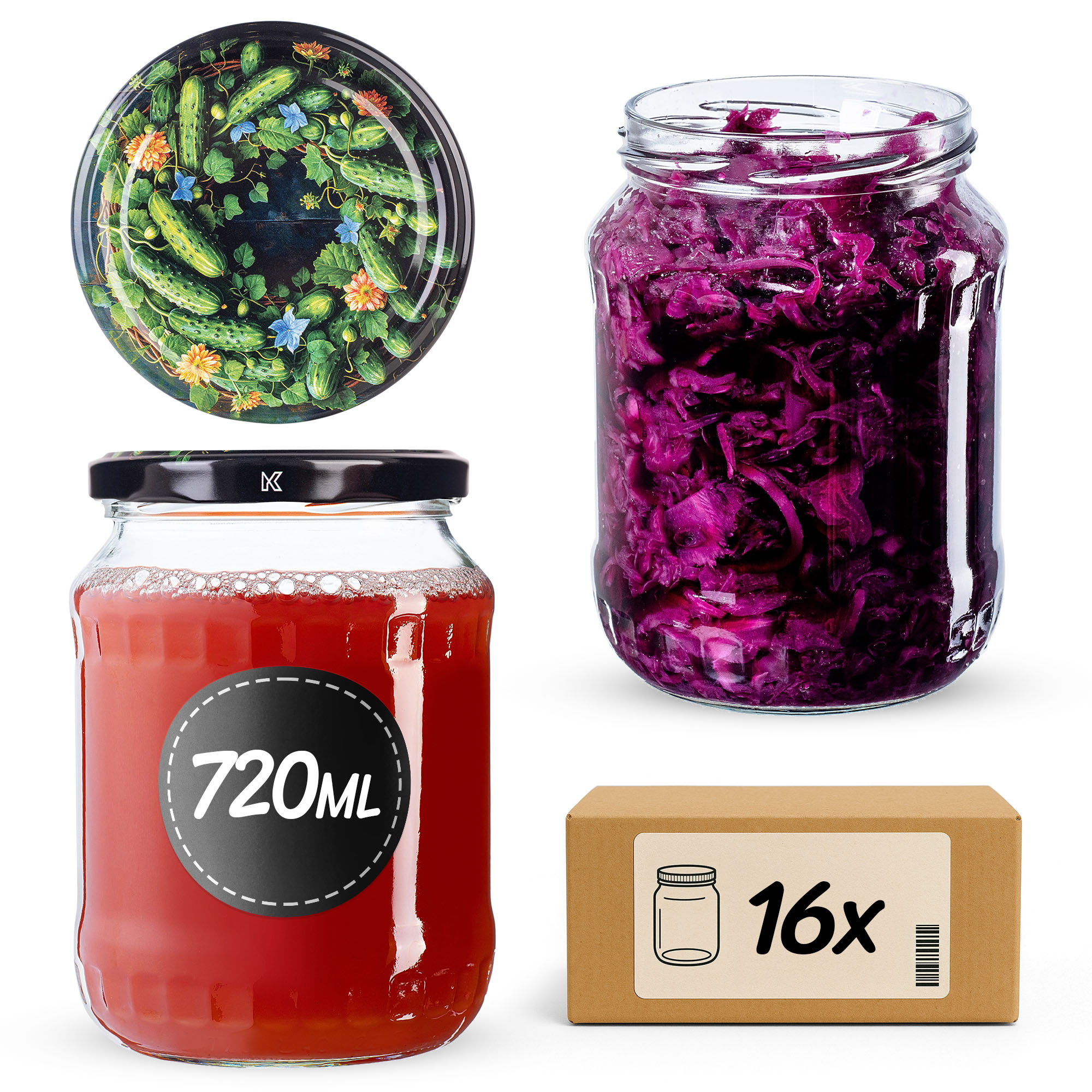 Słoiki na przetwory Jukka 720ml fi82mm 16szt + wieczko Ogórki czarne