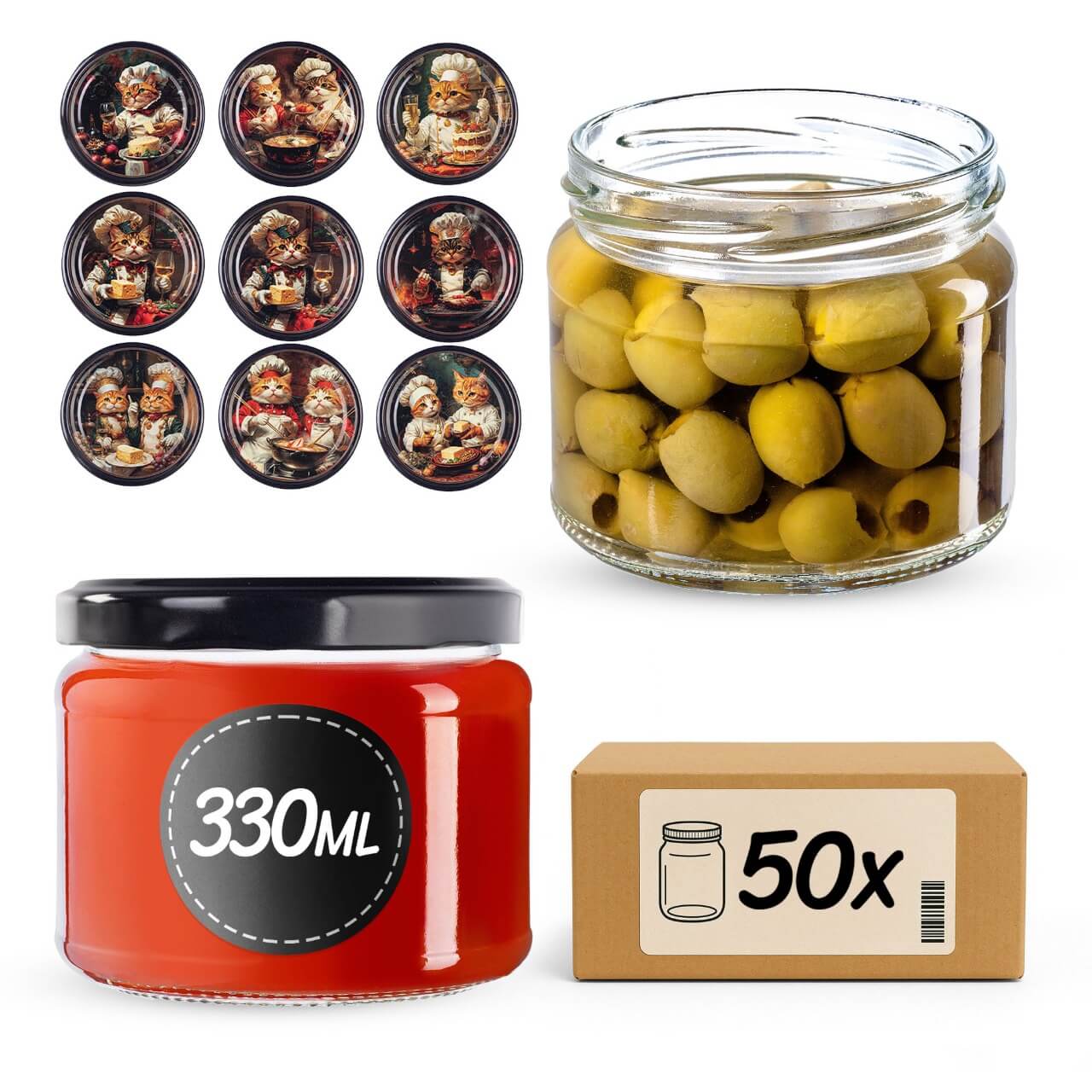 Słoiki na przetwory Sonka 330ml 50szt 82mm + wieczka "Koty"