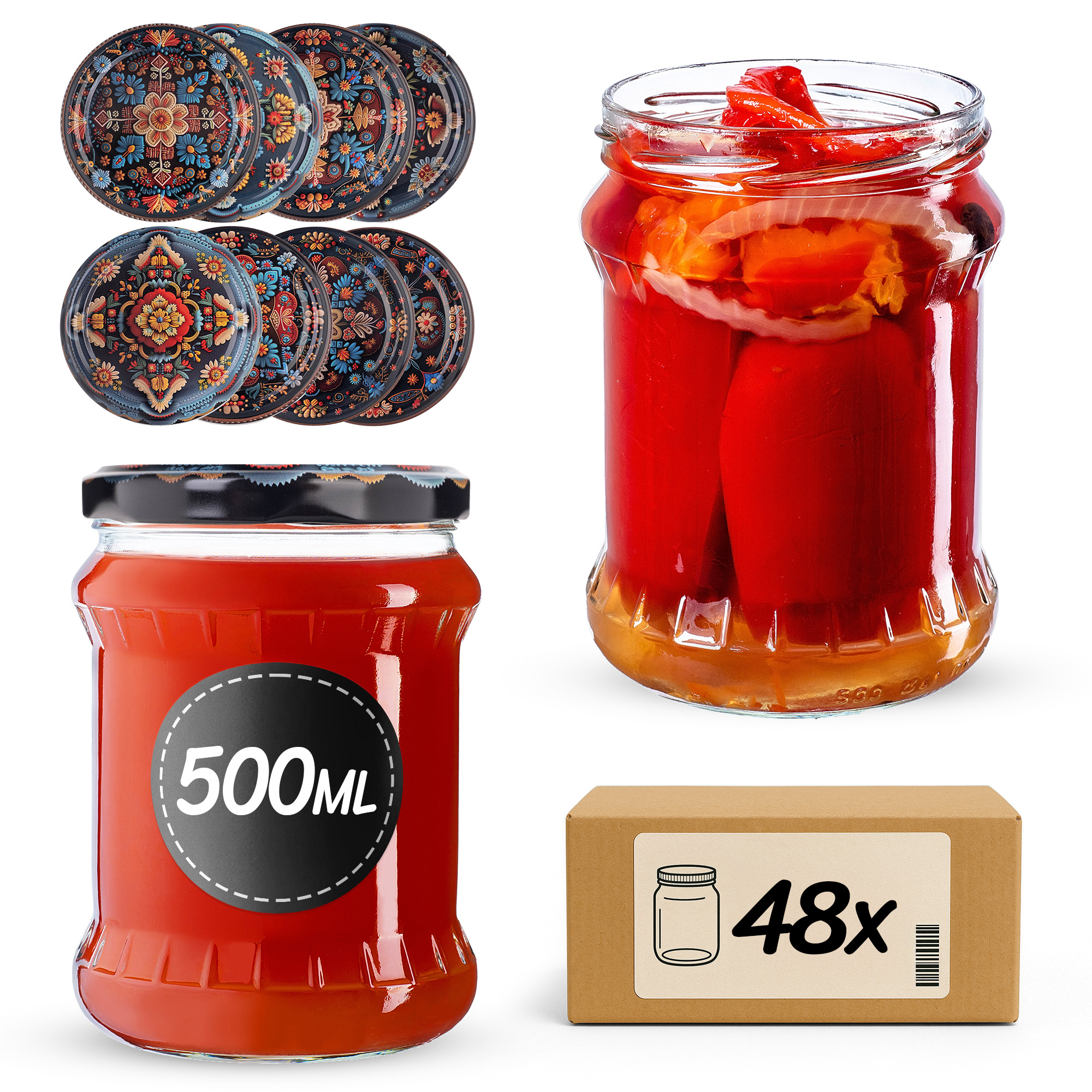 Słoiki na przetwory Kisko 500ml fi82mm 48szt + wieczko Haftowanka