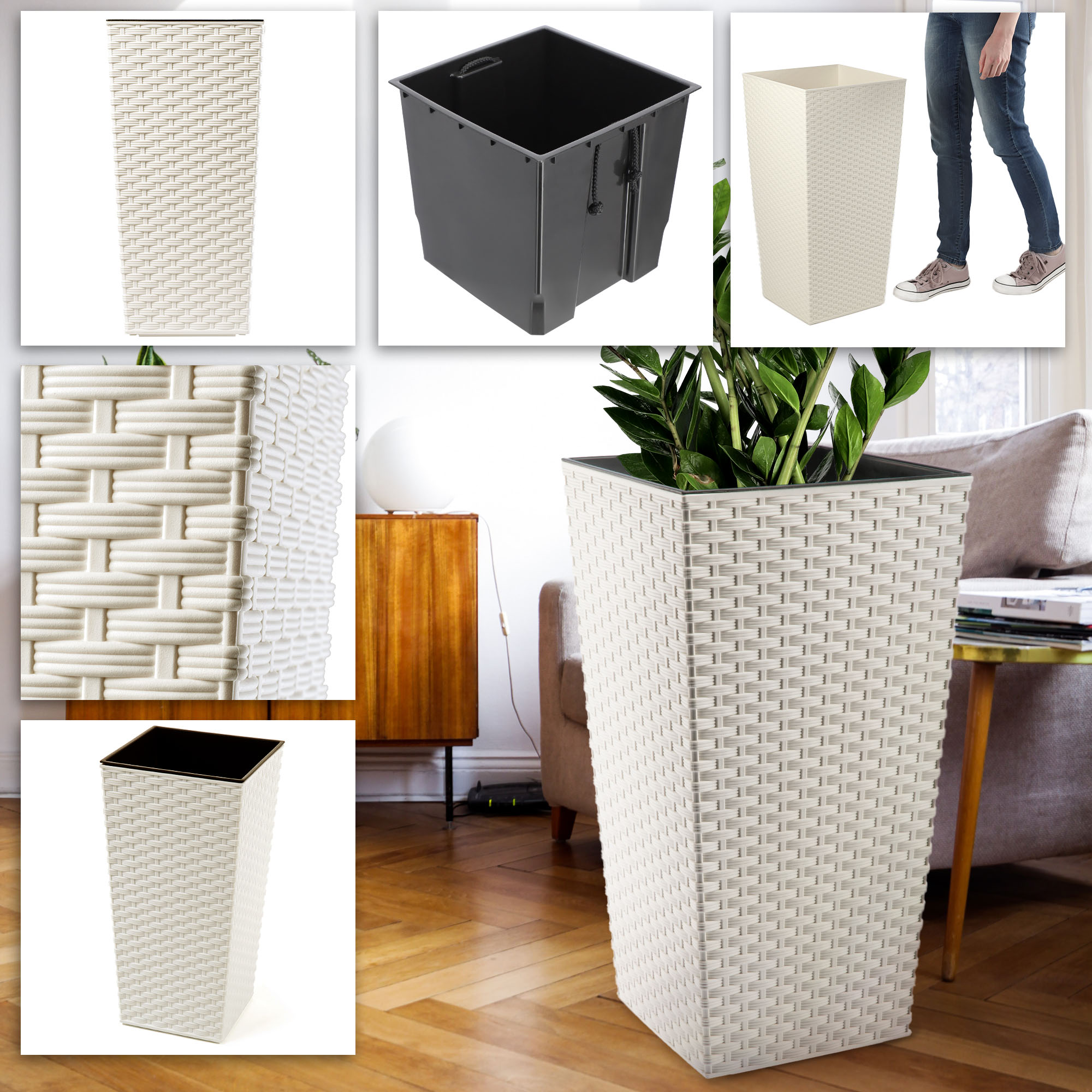 Donice na kwiaty z wkładem Pesaro rattan 25 cm + 30 cm + 35 cm, kremowe