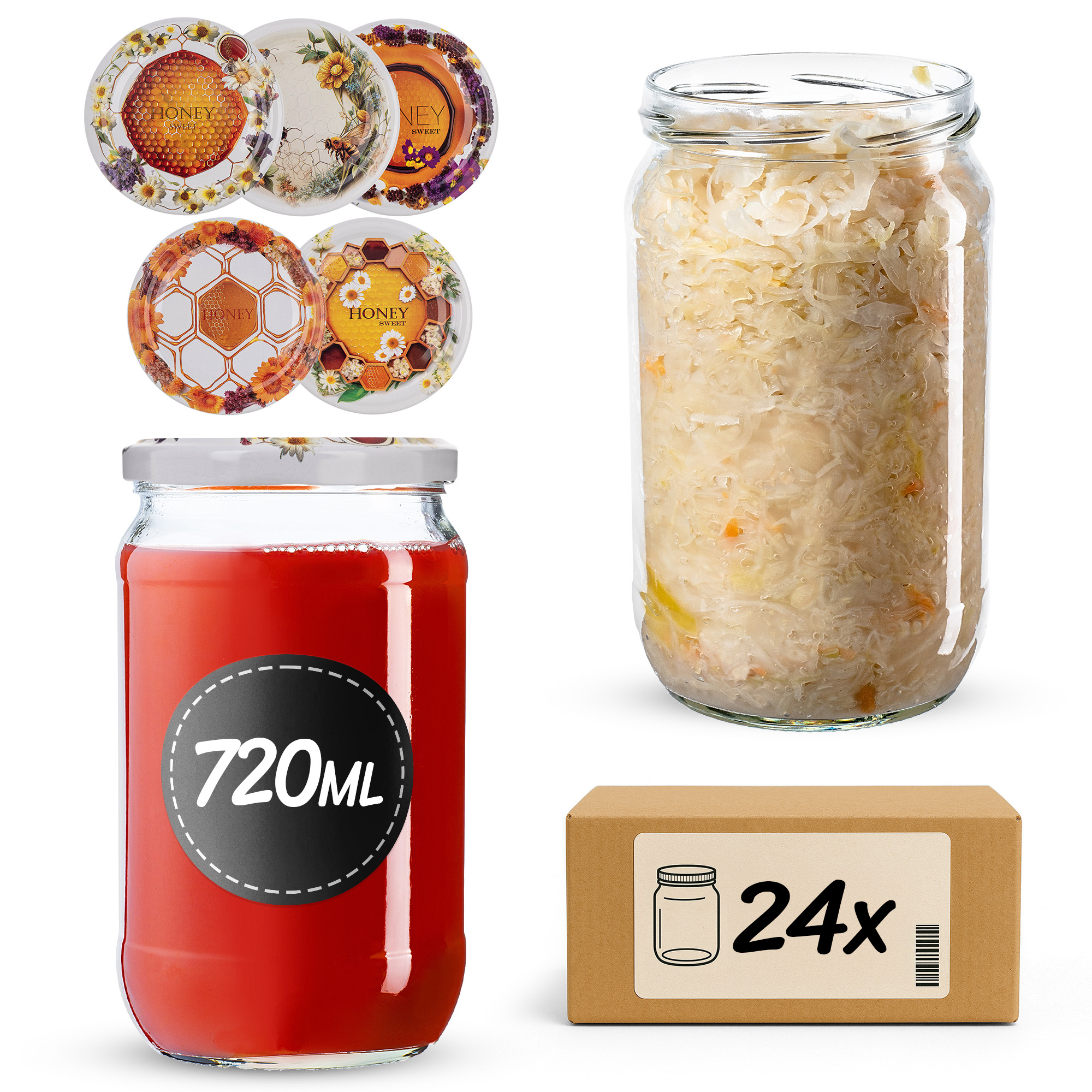 Słoiki na przetwory Niva 720ml fi82mm 24szt + wieczko Miodowy mix