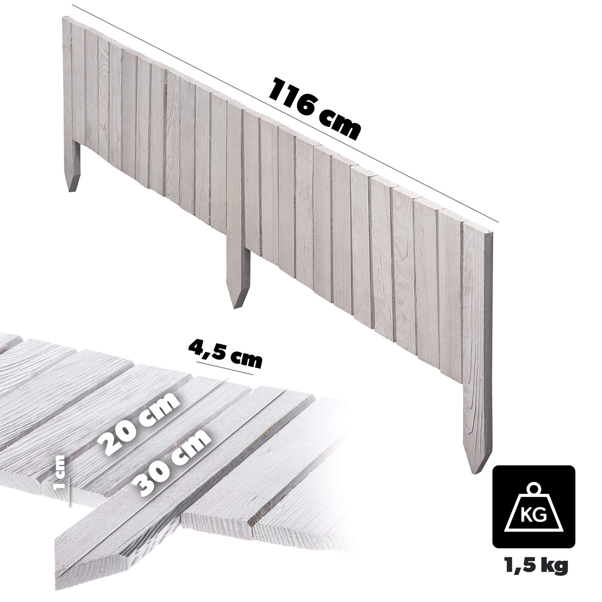 Płotek drewniany rollborder Ansjo obrzeże 115 x 20 cm biały