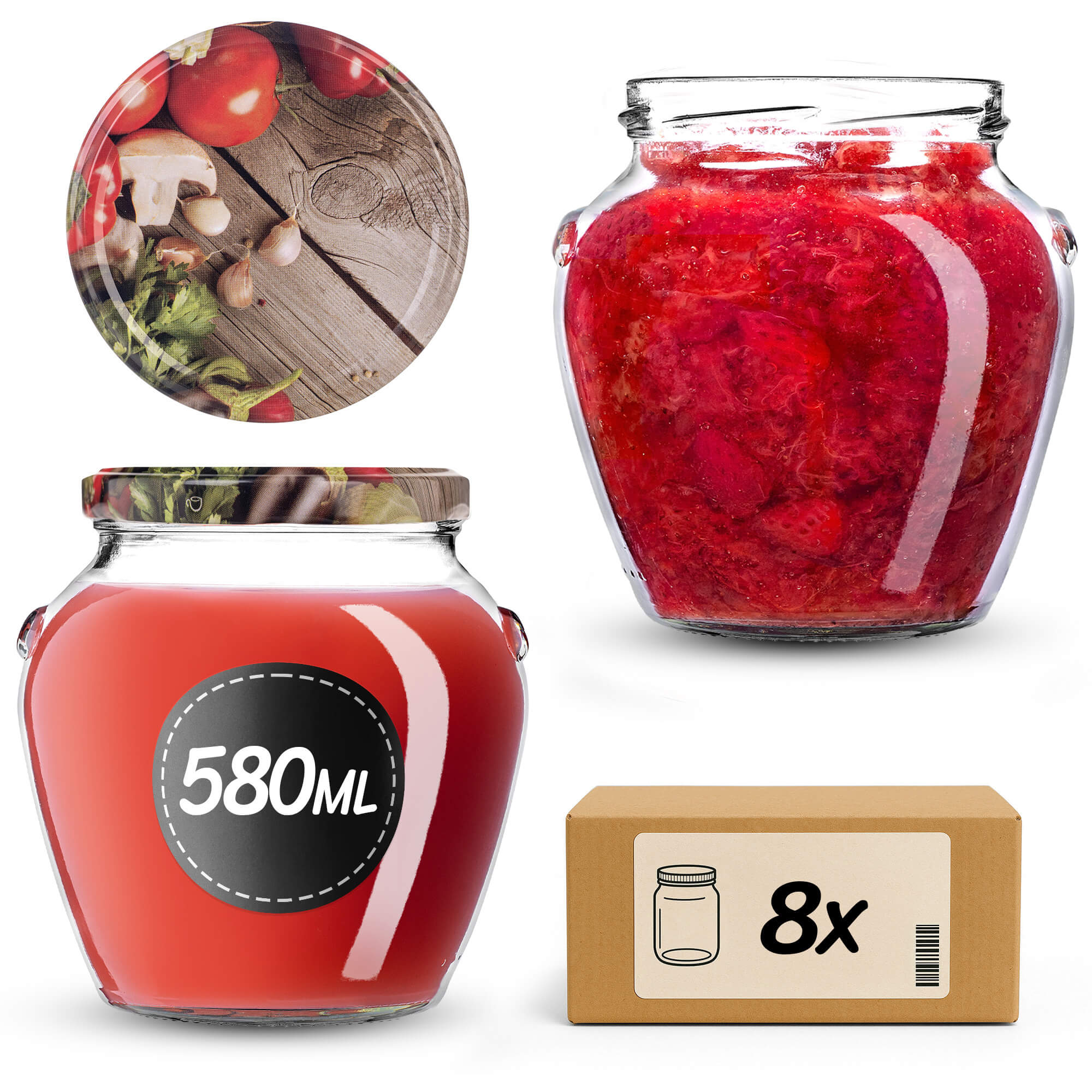 Słoiki na przetwory Sassa 580ml 8szt 82mm + wieczka "Pieczarka i czosnek"