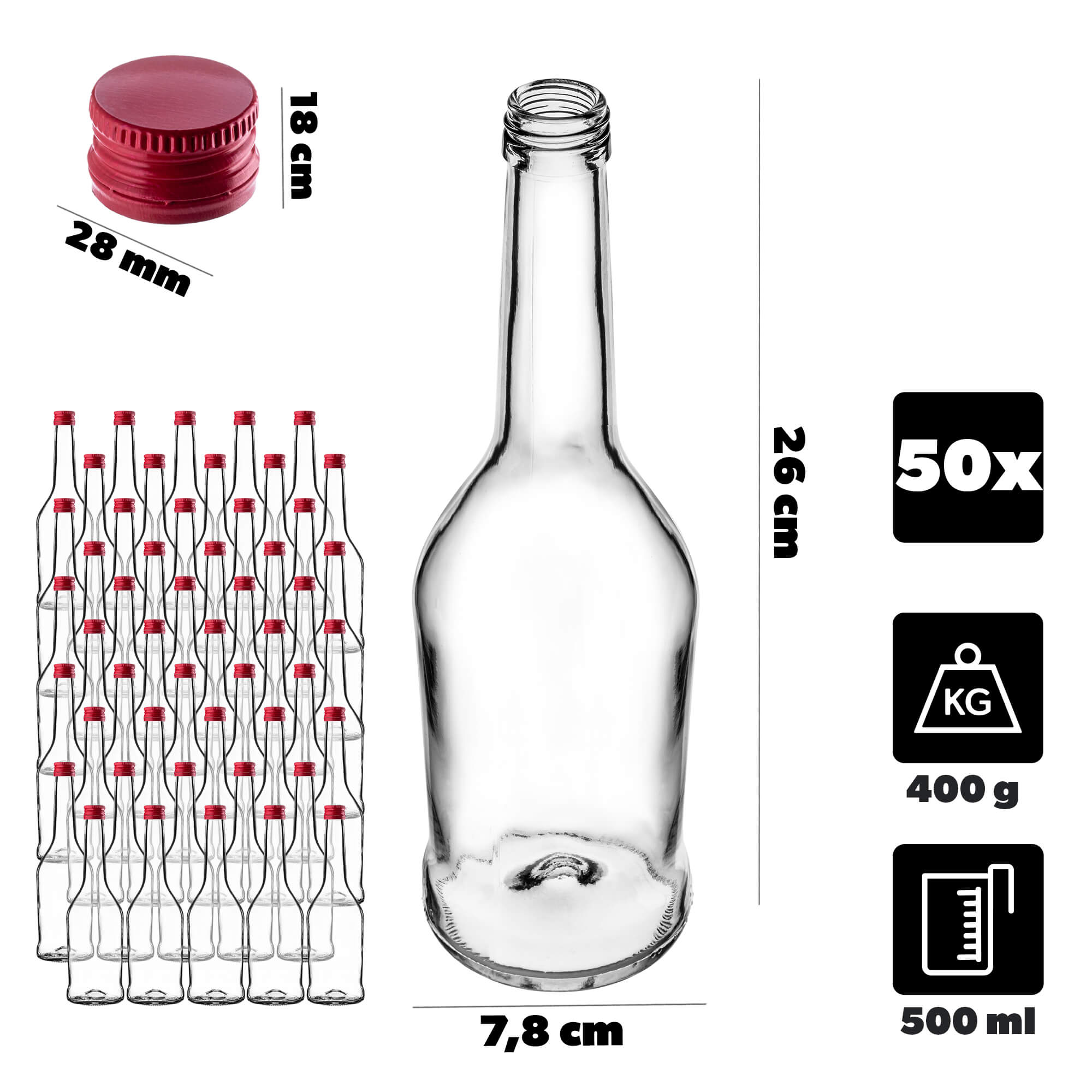 Szklana butelka na nalewkę Loiret 500ml z czerwoną zakrętką 50 szt.