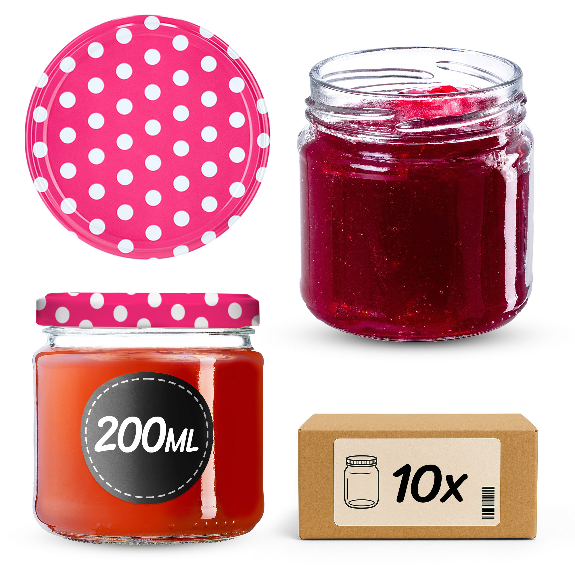 Słoiki na przetwory Lerma 200ml 10szt 66mm + wieczka "Groszek różowy"