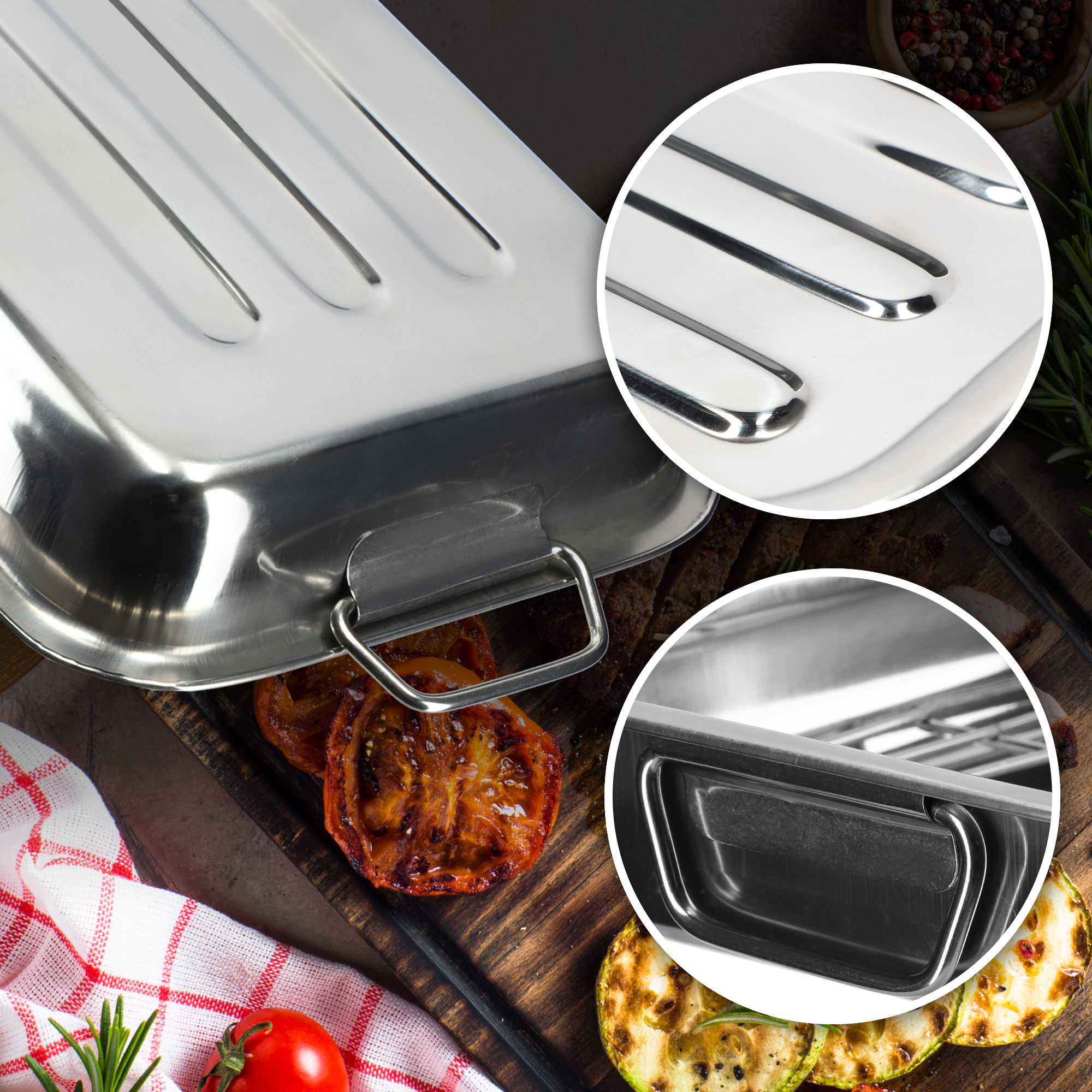 Brytfanny z rusztem 30 + 35 + 40 cm, srebrne