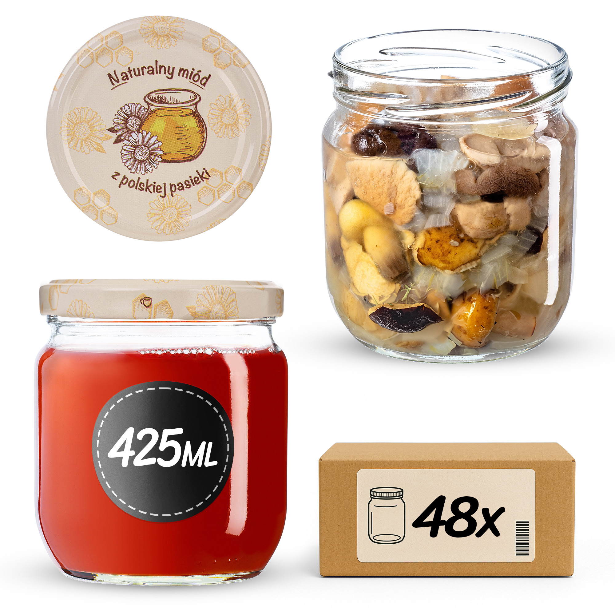 Słoiki na przetwory Salla 425ml fi82mm 48szt + wieczko Miód z pasieki