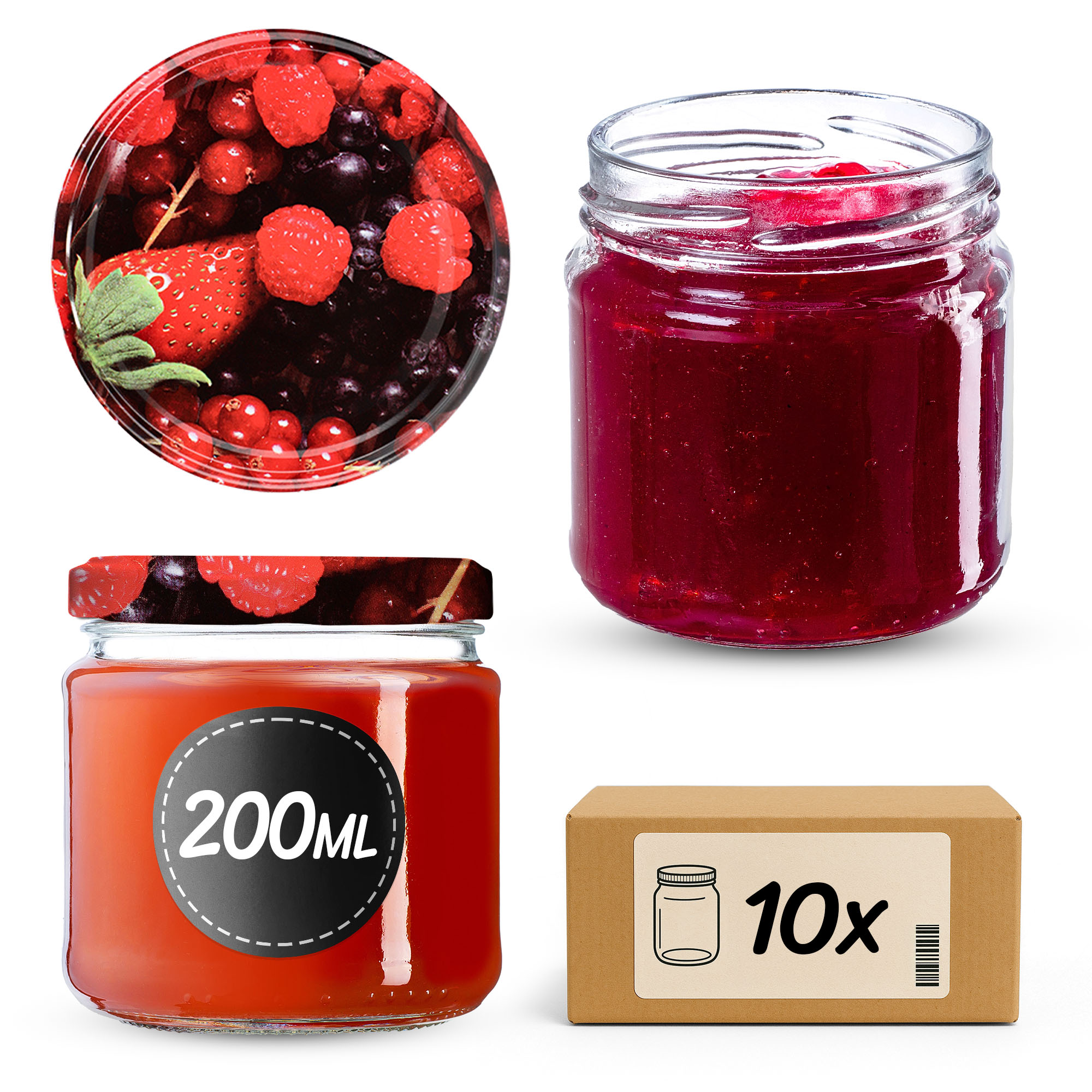 Słoiki na przetwory Lerma 200ml 10szt 66mm + wieczka "Owoce leśne"