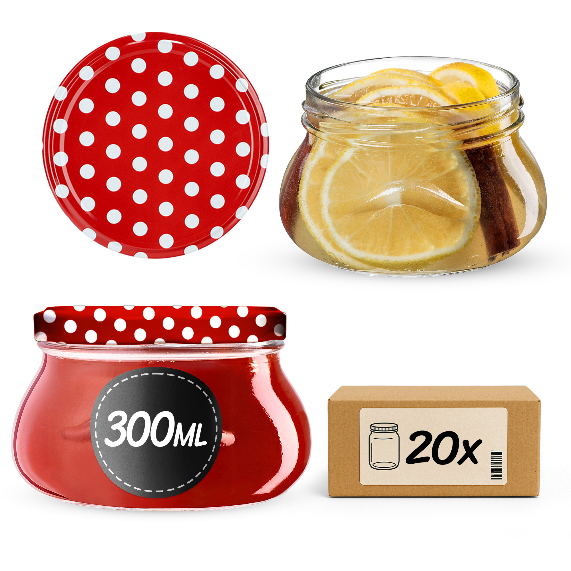 Słoiki na przetwory Raja 300ml 20szt 82mm + wieczka "Czerwony Groszek"