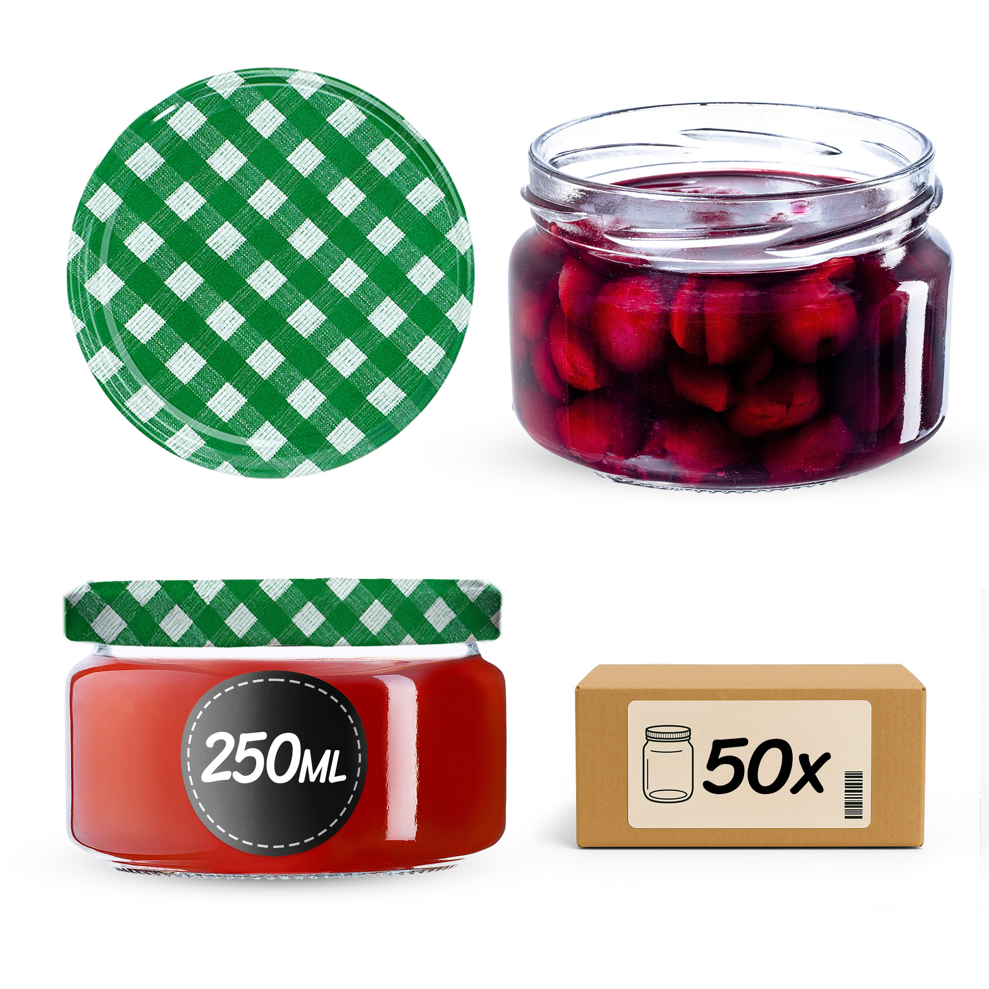 Słoiki na przetwory Denia 250ml 50szt 82mm + wieczko "Zielona krata"