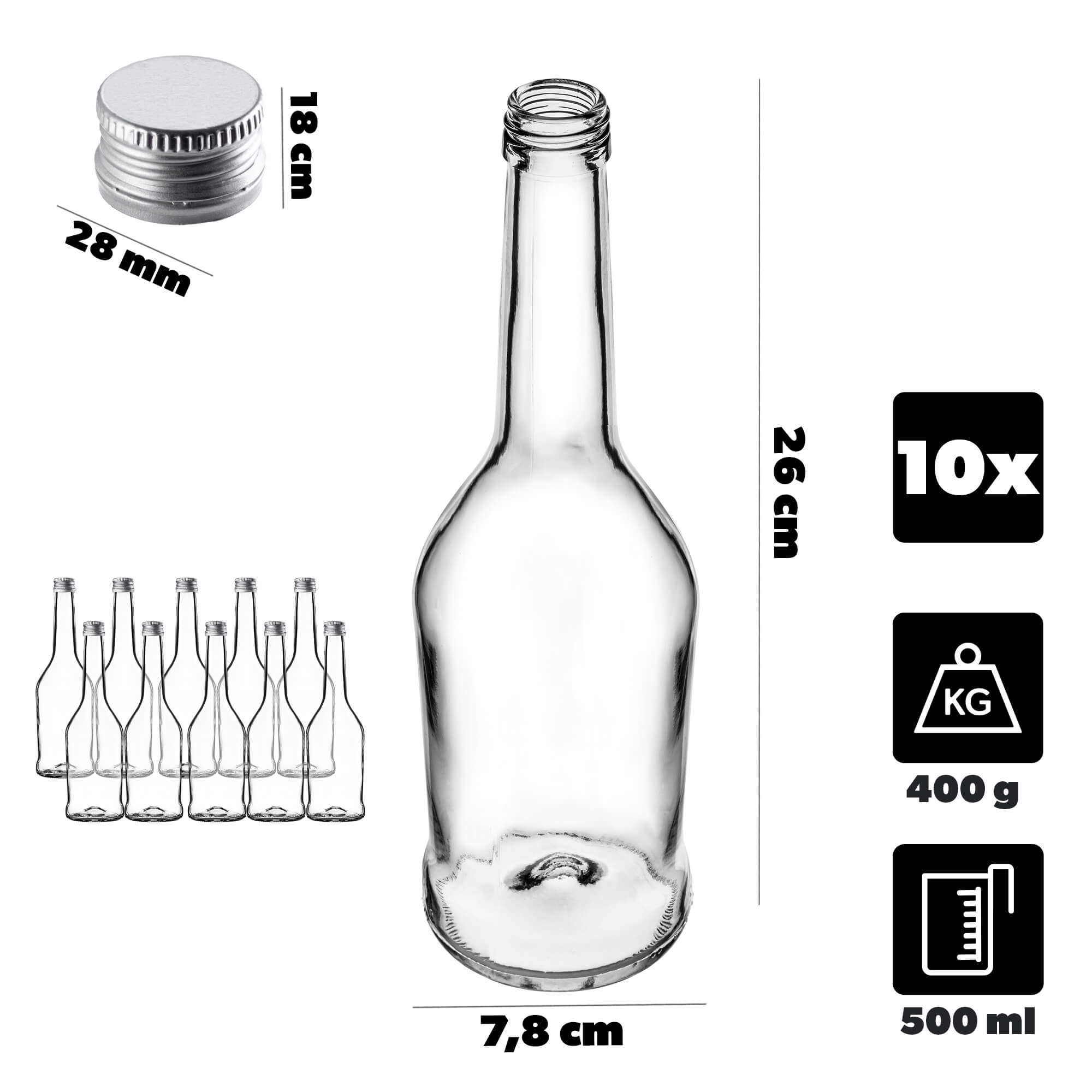 Szklana butelka na nalewkę Loiret 500ml z srebrną zakrętką 10 szt.