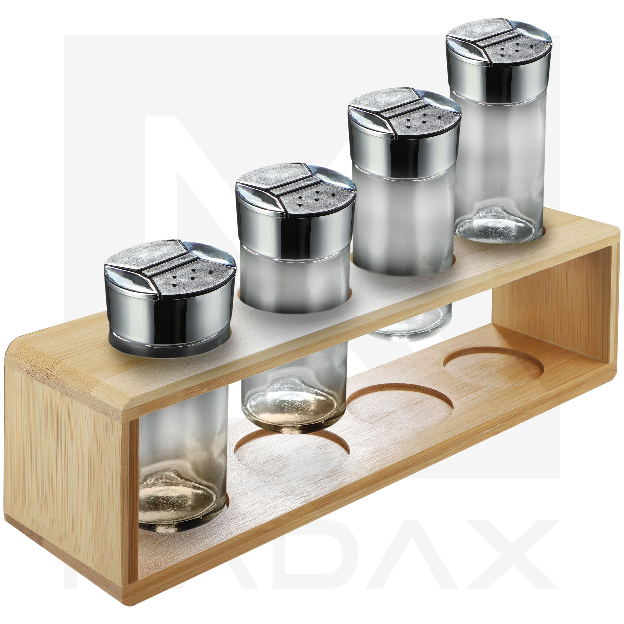 Komplet przyprawników z bambusową podstawką 4 szt.