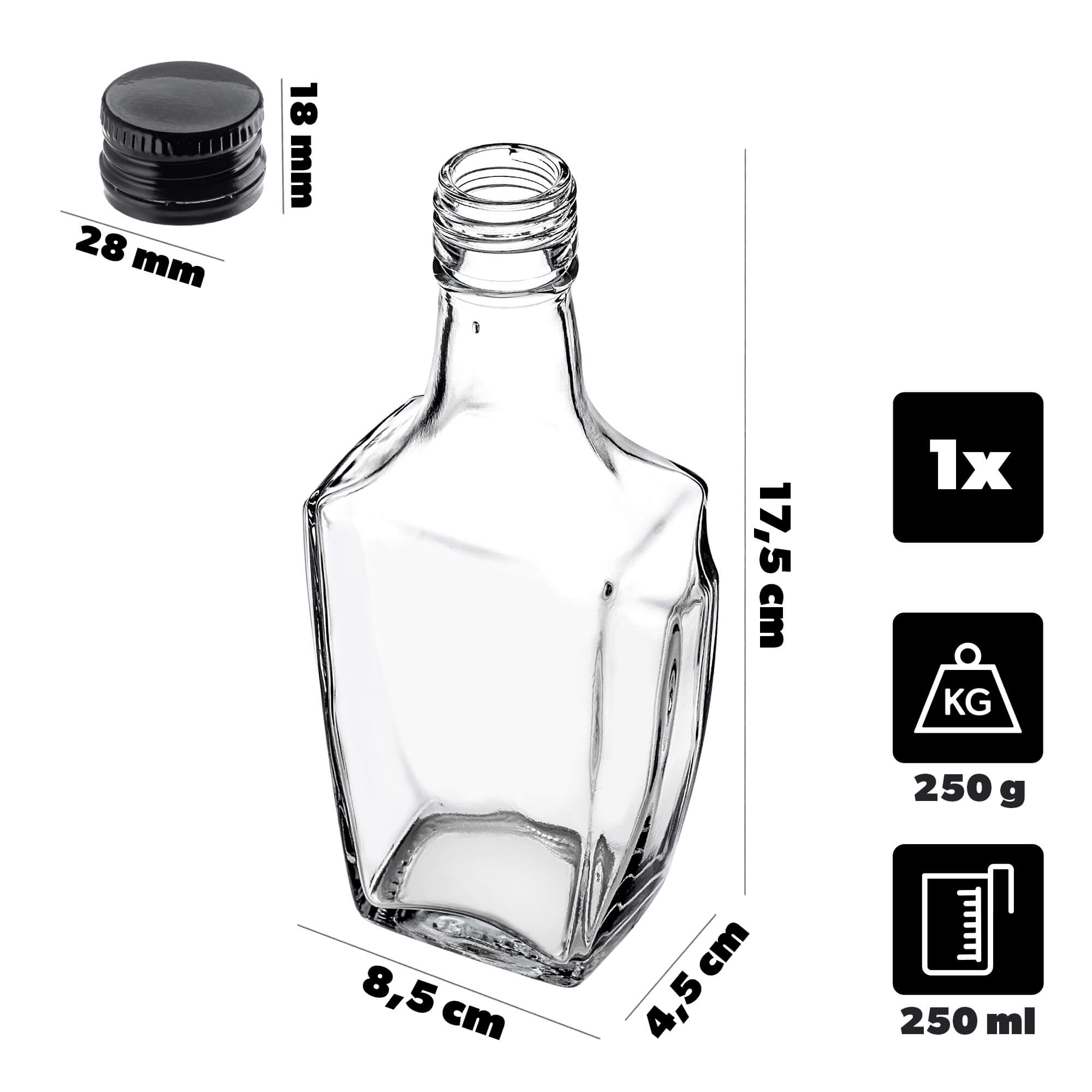 Szklana butelka na nalewkę Faenza 250ml z czarną zakrętką 1 szt.