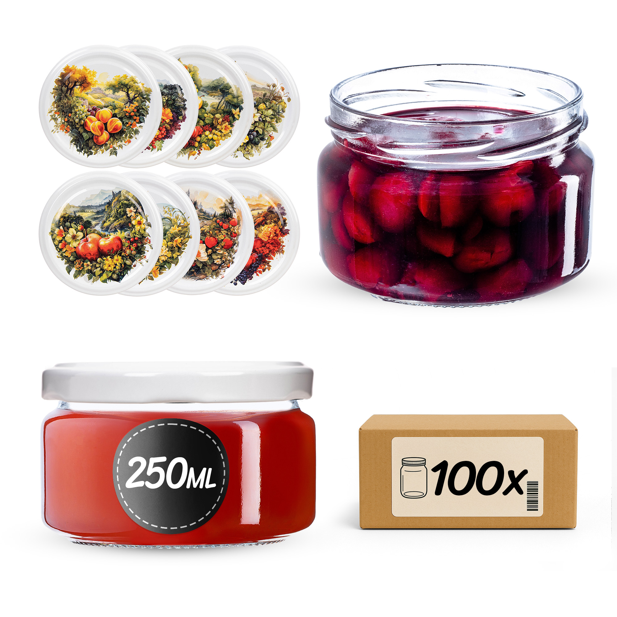 Słoiki na przetwory Denia 250ml 100szt 82mm + wieczko "Fruit heart"