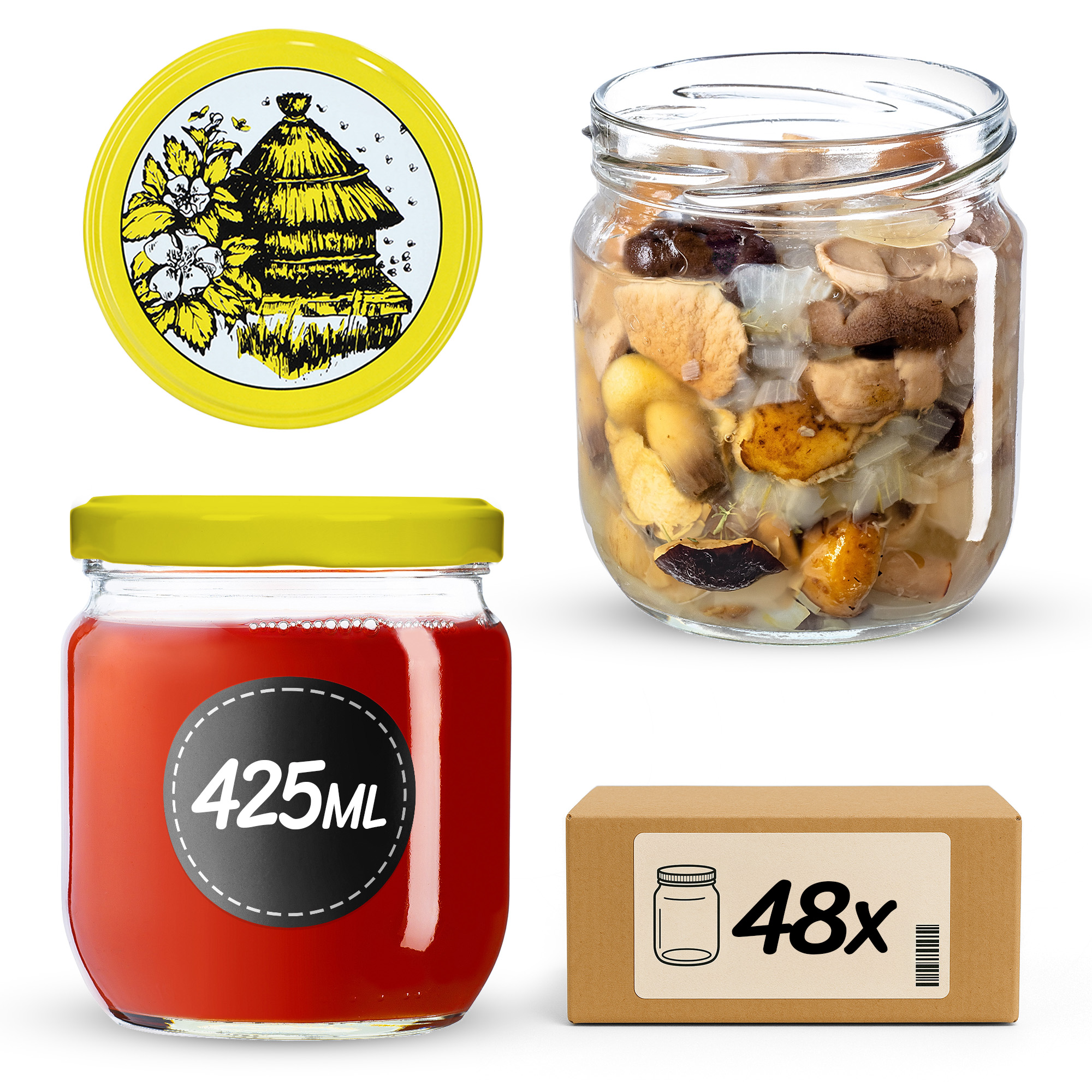 Słoiki na przetwory Salla 425ml 48szt 82mm + wieczka "Pszczoły"
