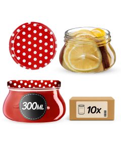 Słoiki na przetwory Raja 300ml 10szt 82mm + wieczka "Czerwony Groszek"