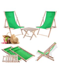Zestaw stolik kawowy do leżaków Anjouin naturalny + 2 leżaki drewniane zielone