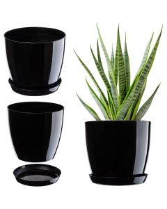 Doniczka na kwiaty z podstawką 18 cm, czarna gładka