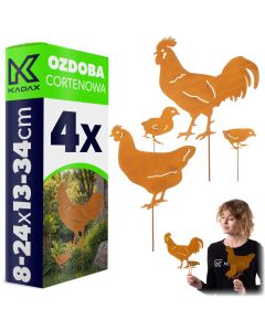 Ozdoba ogrodowa ze stali corten Laborde kury 8-24 x 13-34 cm 4 szt.