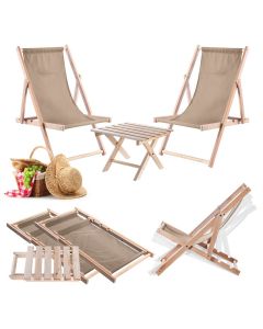 Zestaw stolik kawowy do leżak&oacute;w Anjouin naturalny + 2 leżaki drewniane cappuccino