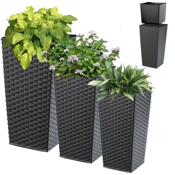 Donice na kwiaty z wkładem Pesaro rattan 19 cm + 25 cm + 30 cm, czarne