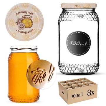 Szklany słój Lierde 900ml 82mm 8 szt. + wieczka "Miód z pasieki"