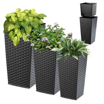 Donice na kwiaty z wkładem Pesaro rattan 19 cm + 25 cm + 30 cm, grafit