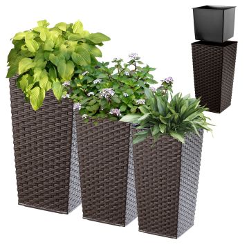 Donice na kwiaty z wkładem Pesaro rattan 25 cm + 30 cm +35 cm, mokka