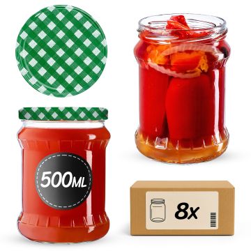 Słoiki na przetwory Kisko 500ml 8szt 82mm + wieczka "Zielona Krata"